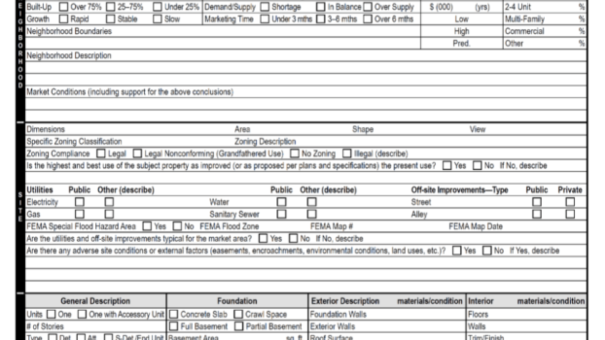 1004 Appraisal Form Uniform Residential Appraisal Report URAR Realvals