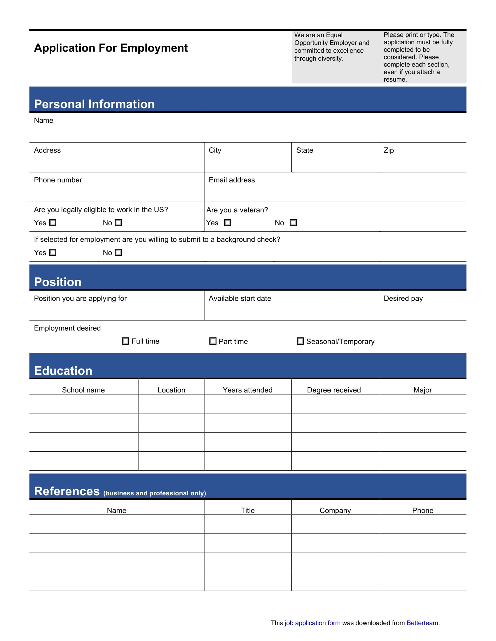 standard job application form