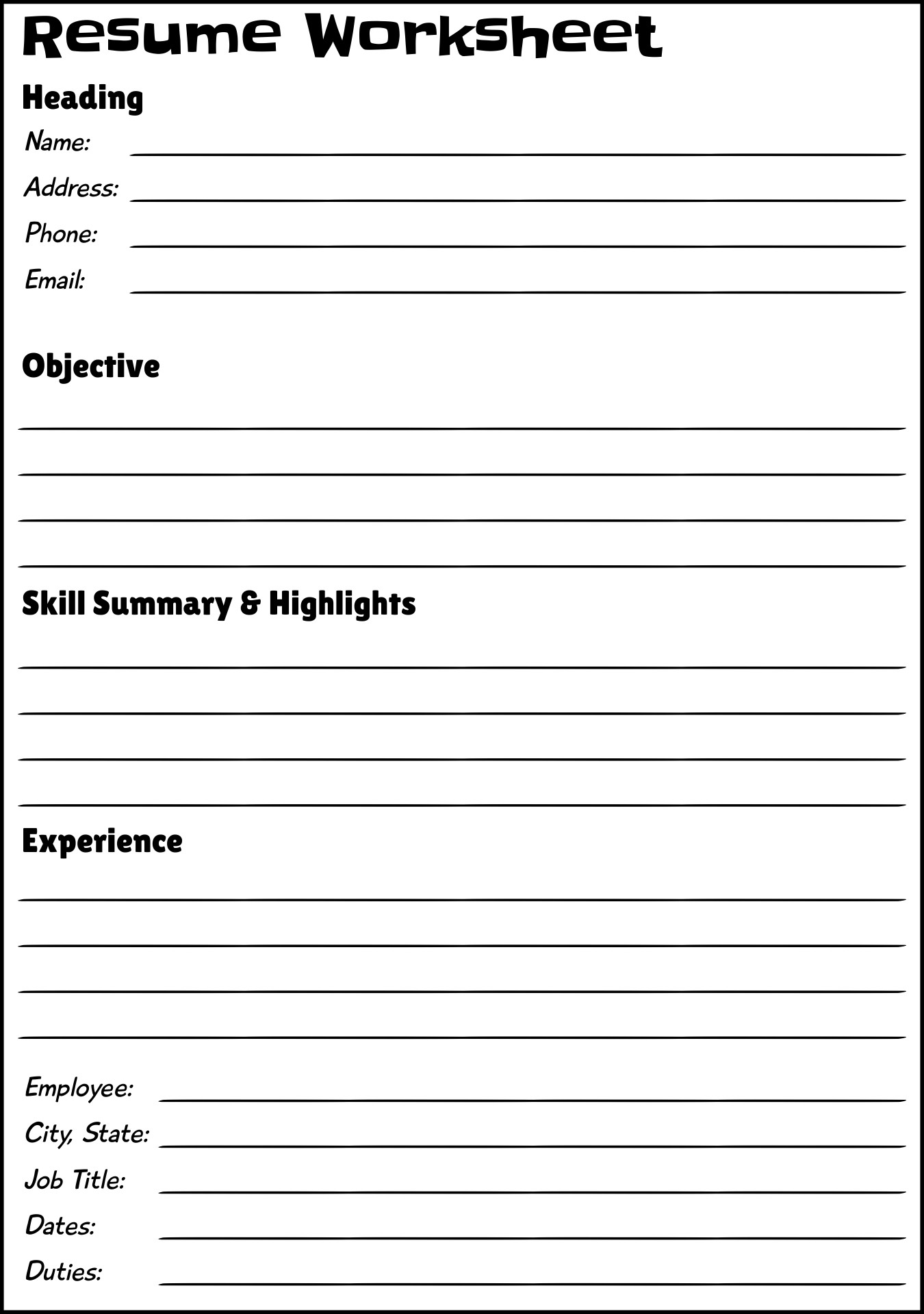 printable blank resume form for job application