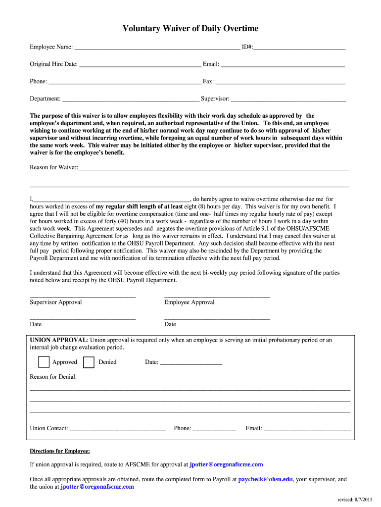 2015 2025 Form Voluntary Waiver Of Daily Overtime Fill Online Printable Fillable Blank PdfFiller