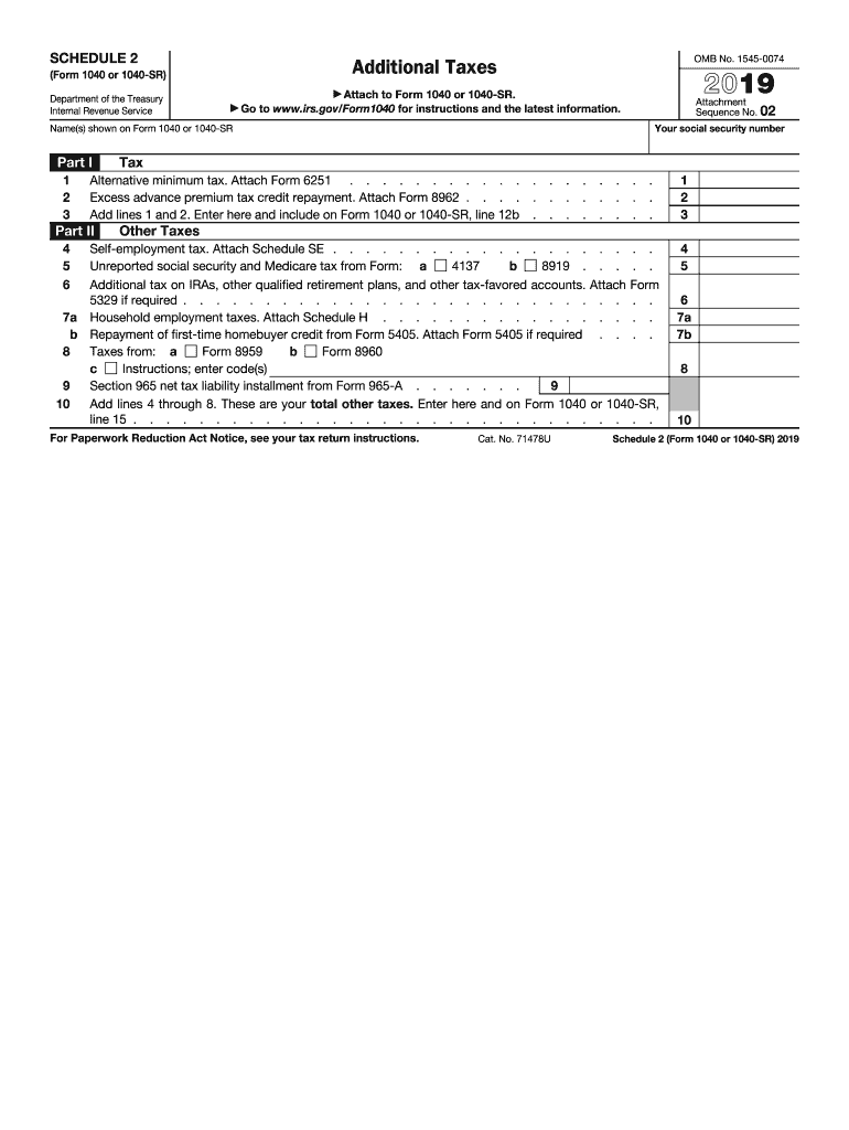 2019 Form IRS 1040 Schedule 2 Fill Online Printable Fillable Blank PdfFiller