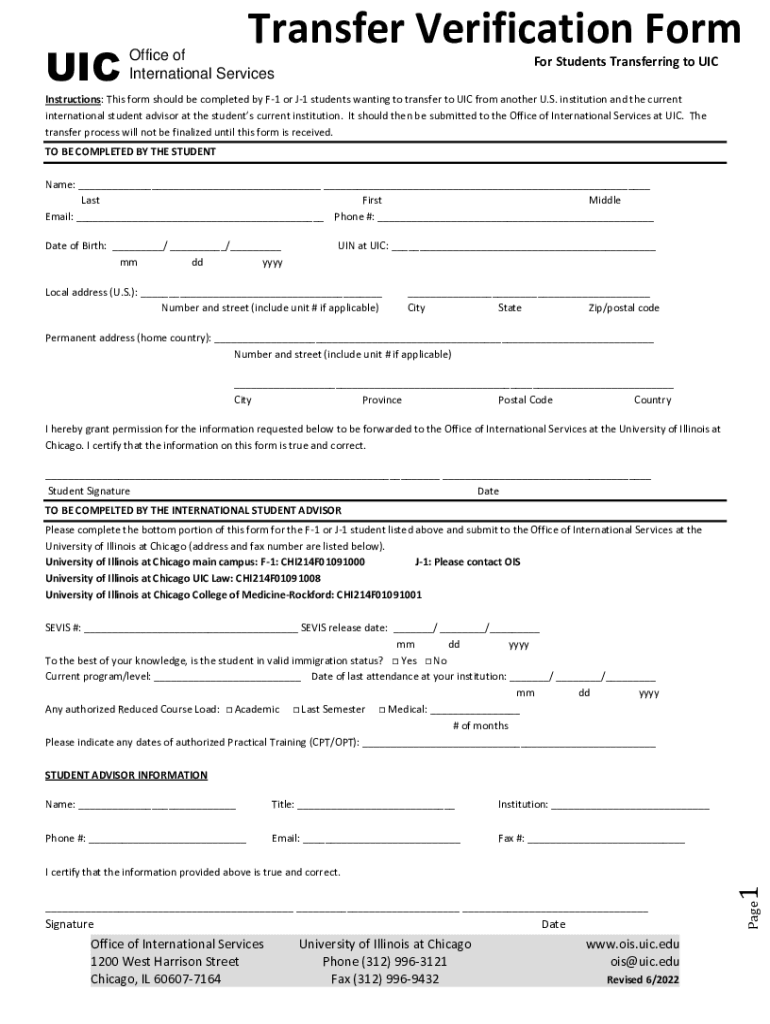 2022 2025 University Of Illinois Chicago Transfer Verification Form Fill Online Printable Fillable Blank PdfFiller