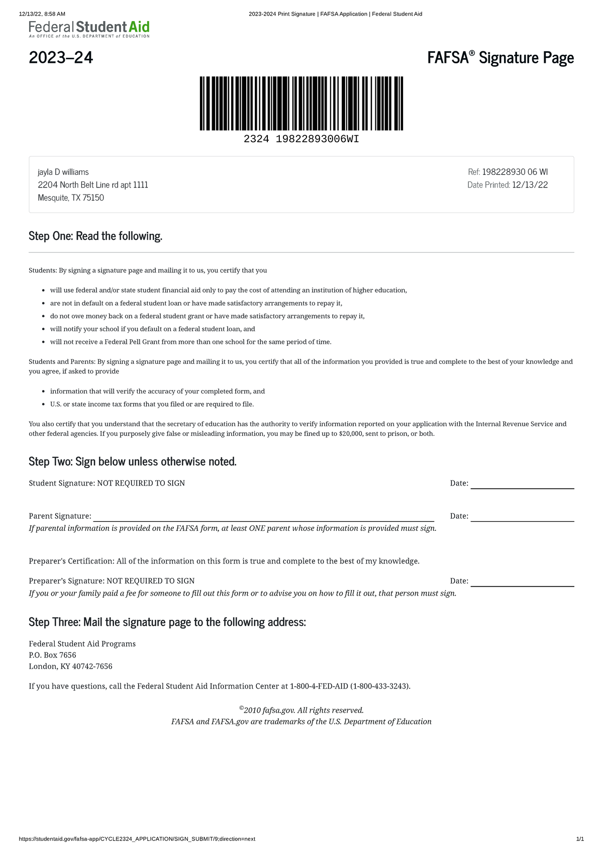 free printable fafsa application form