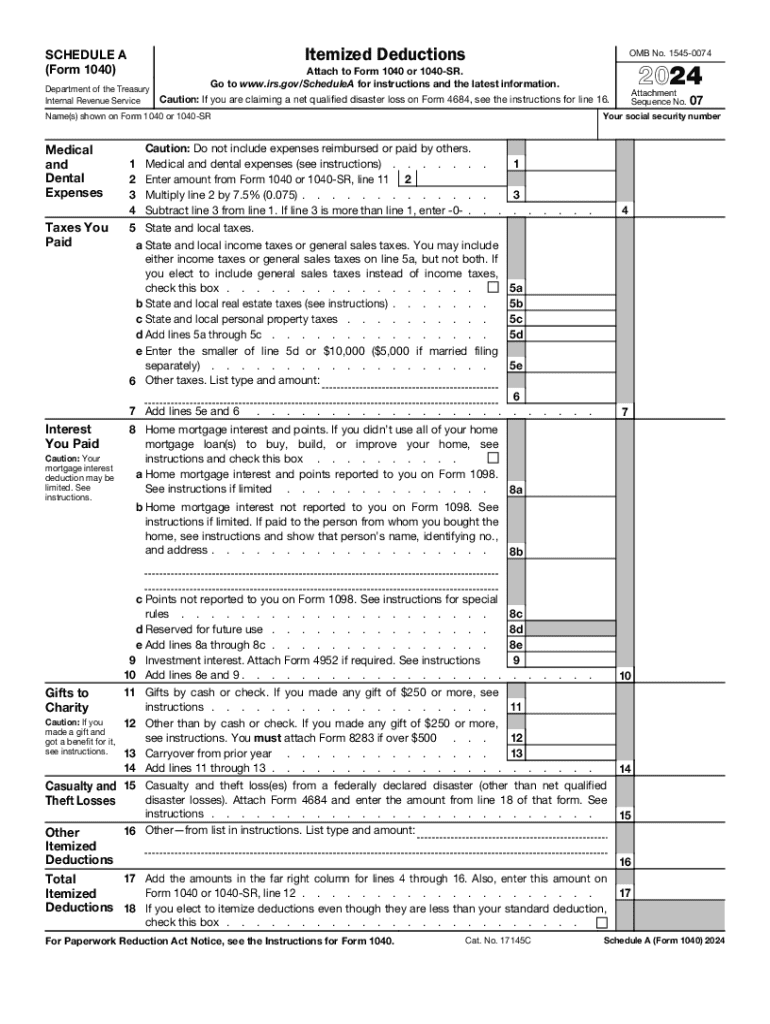 2024 Form IRS 1040 Schedule A Fill Online Printable Fillable Blank PdfFiller 2024 Form IRS 1040 Schedule A Fill Online Printable Fillable Blank PdfFiller