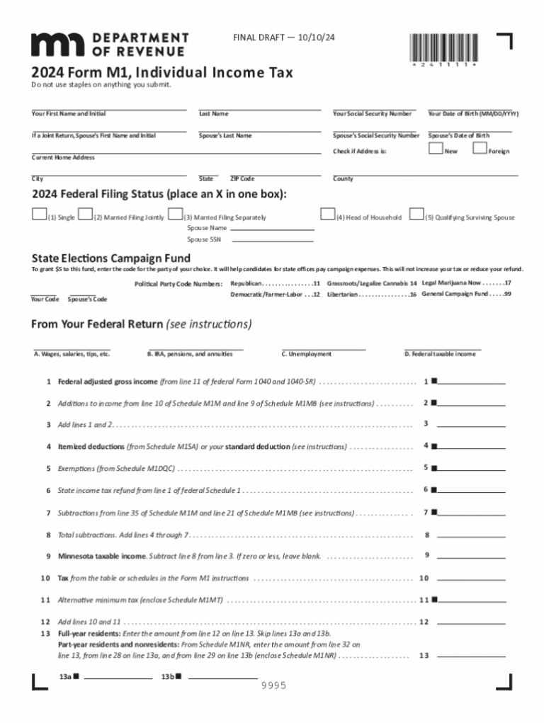 2024 Form MN DoR M1 Fill Online Printable Fillable Blank PdfFiller