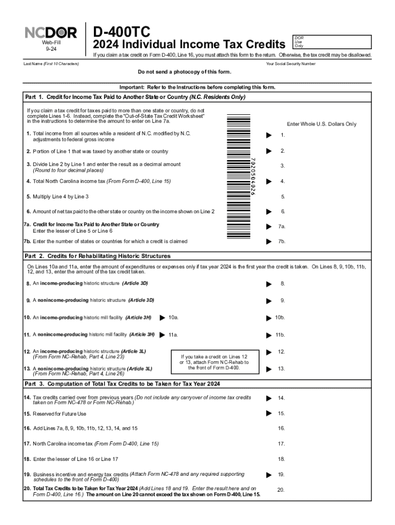 2024 Form NC DoR D 400TC Fill Online Printable Fillable Blank PdfFiller