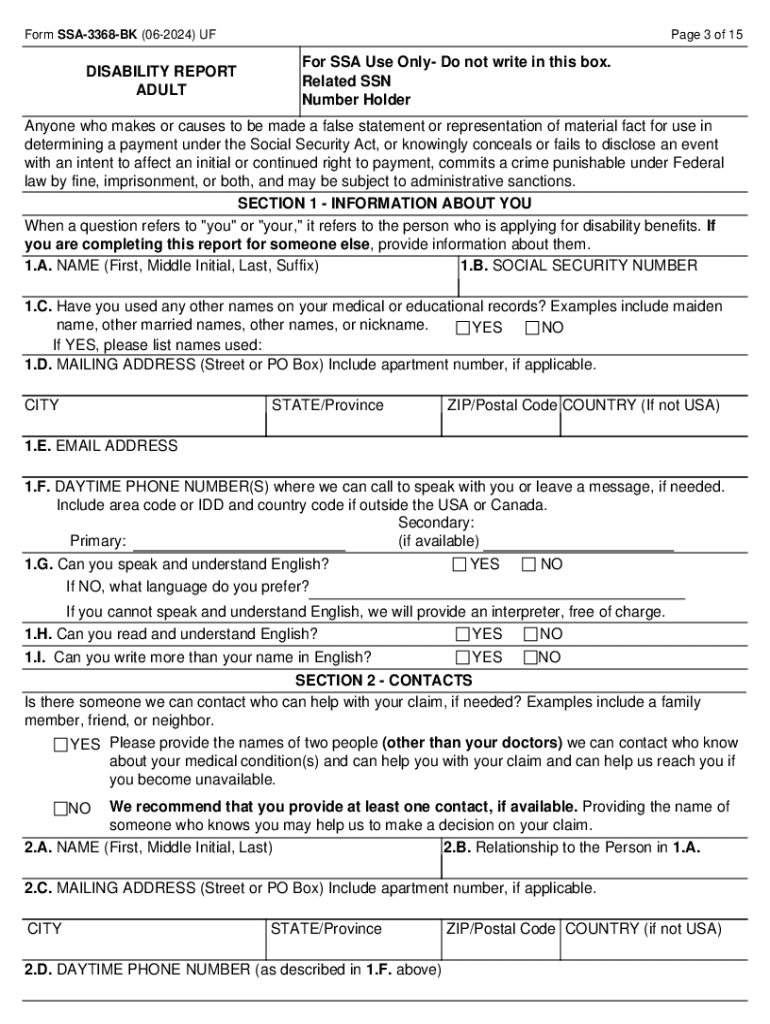 2024 Form SSA 3368 BK Fill Online Printable Fillable Blank PdfFiller
