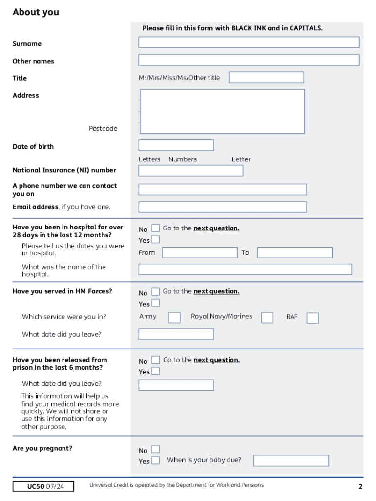 2024 Form UK Universal Credit UC50 Fill Online Printable Fillable Blank PdfFiller