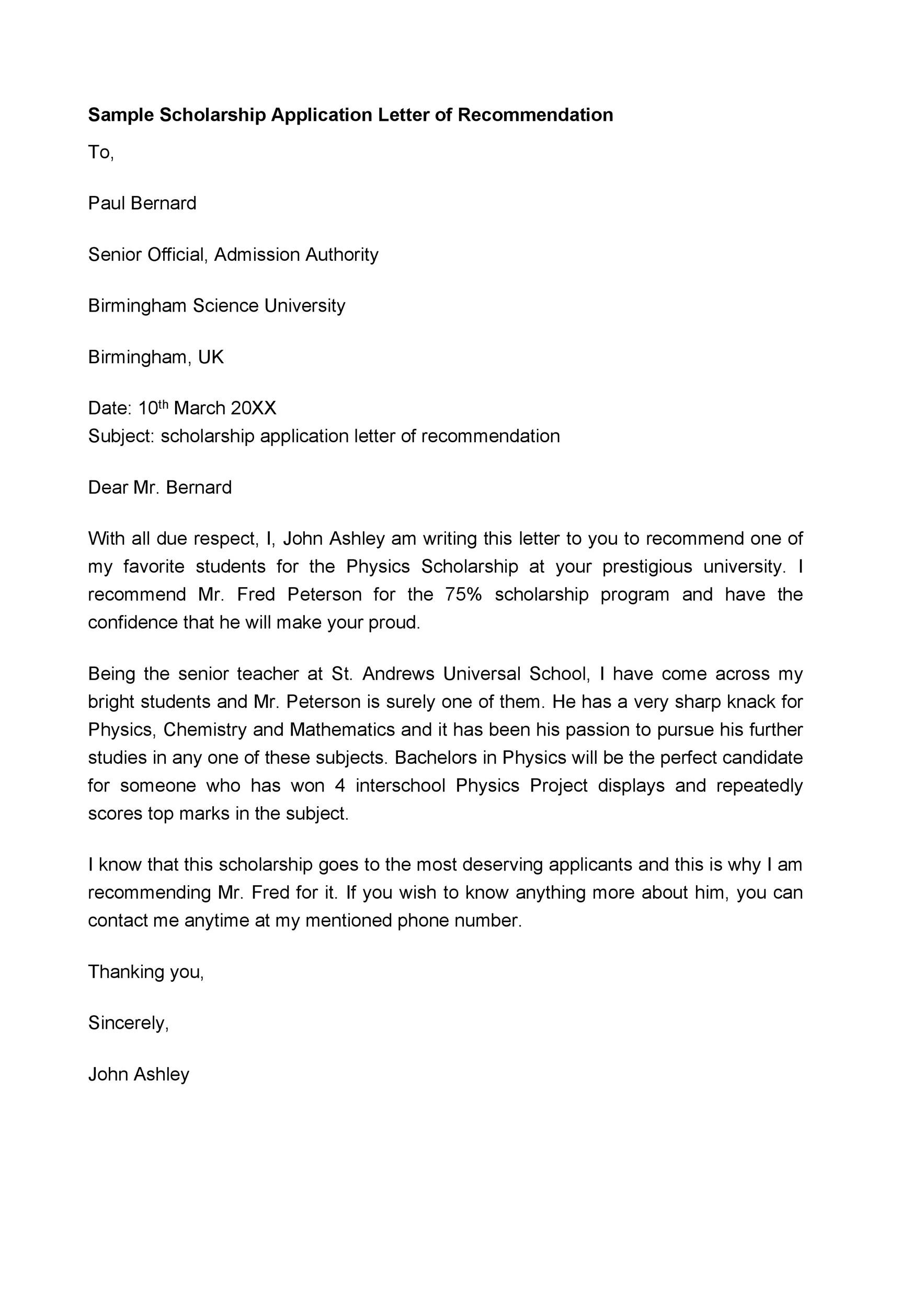 24 Templates For Writing A Letter Of Recommendation For A Scholarship Going Merry