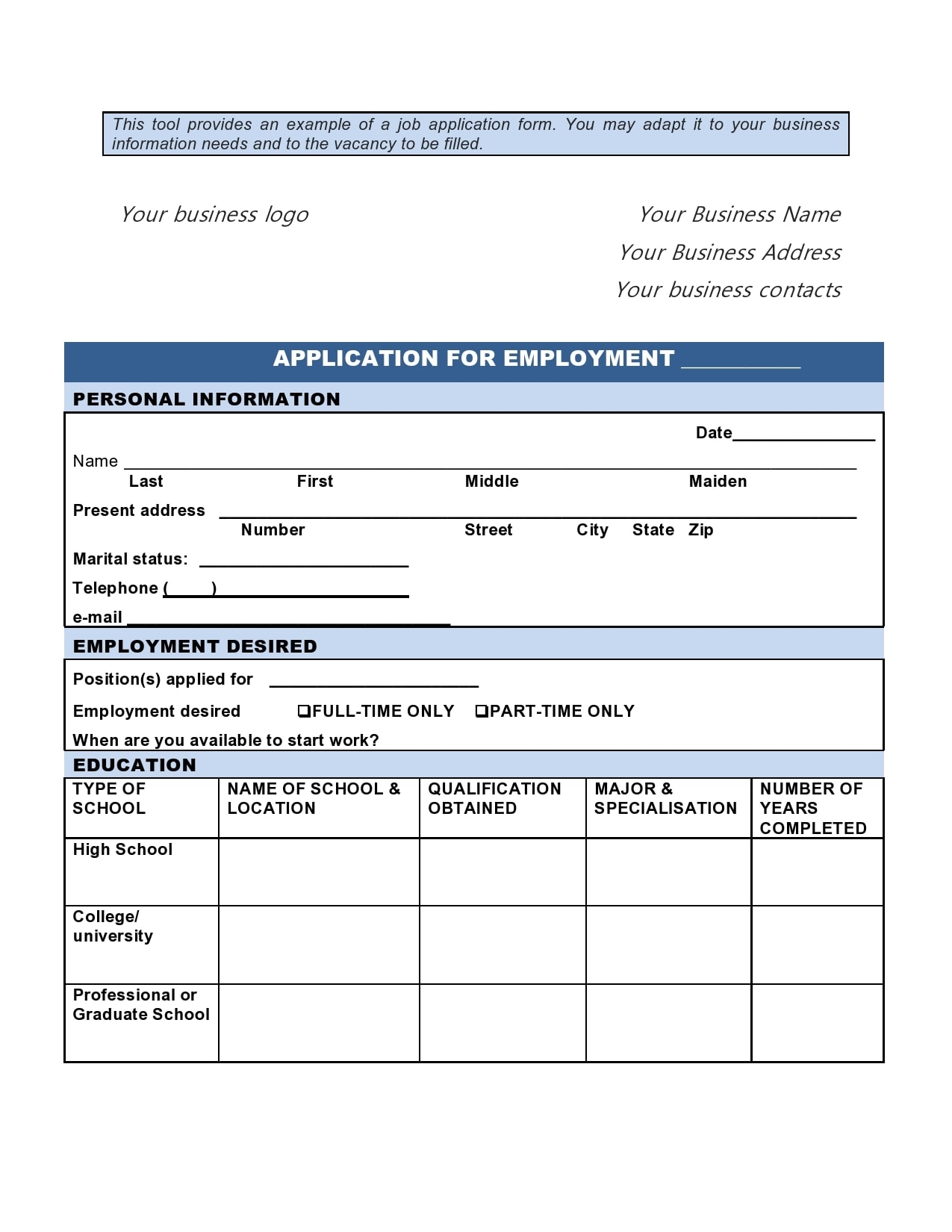 free printable sample job application form