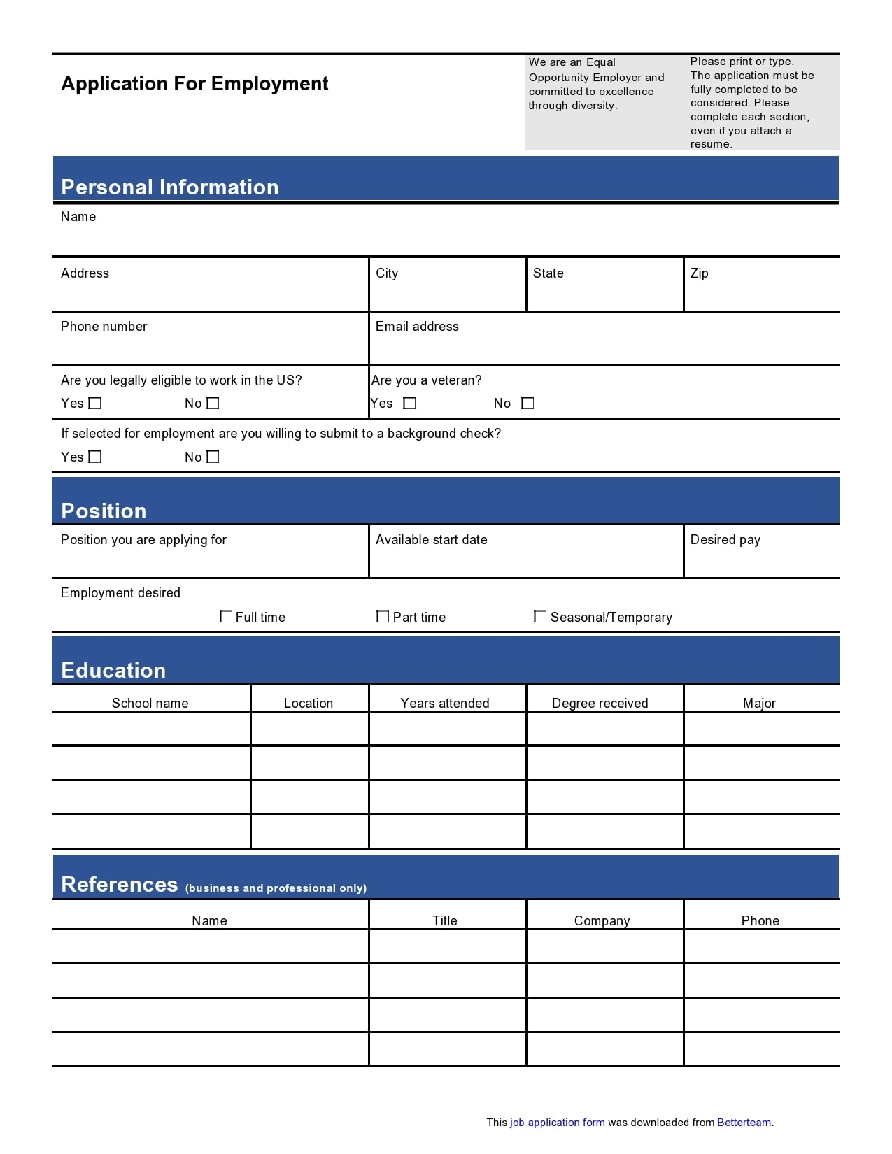 printable free job application form