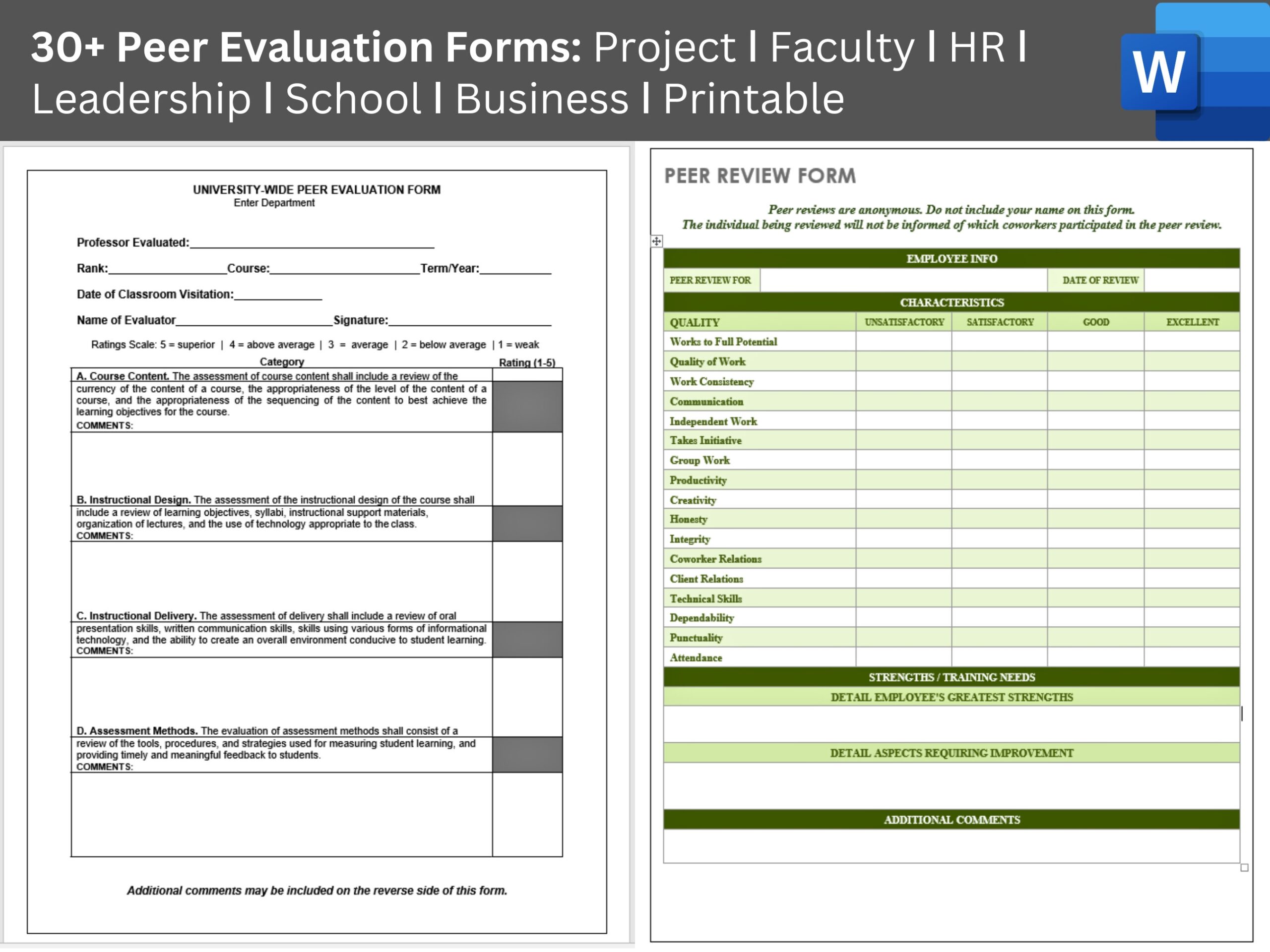 30 Peer Evaluation Forms Project Faculty HR Leadership School Business Printable Etsy