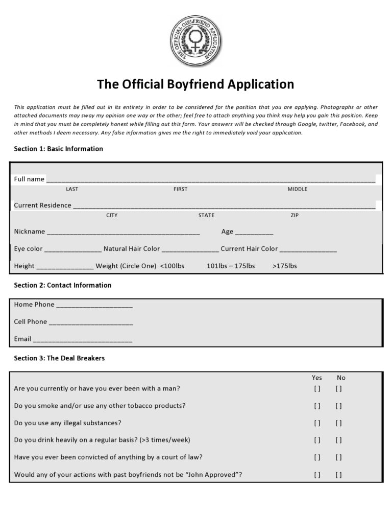 34 Official Boyfriend Application Forms PDF Word 