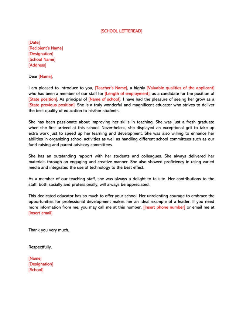 teacher letter of recommendation