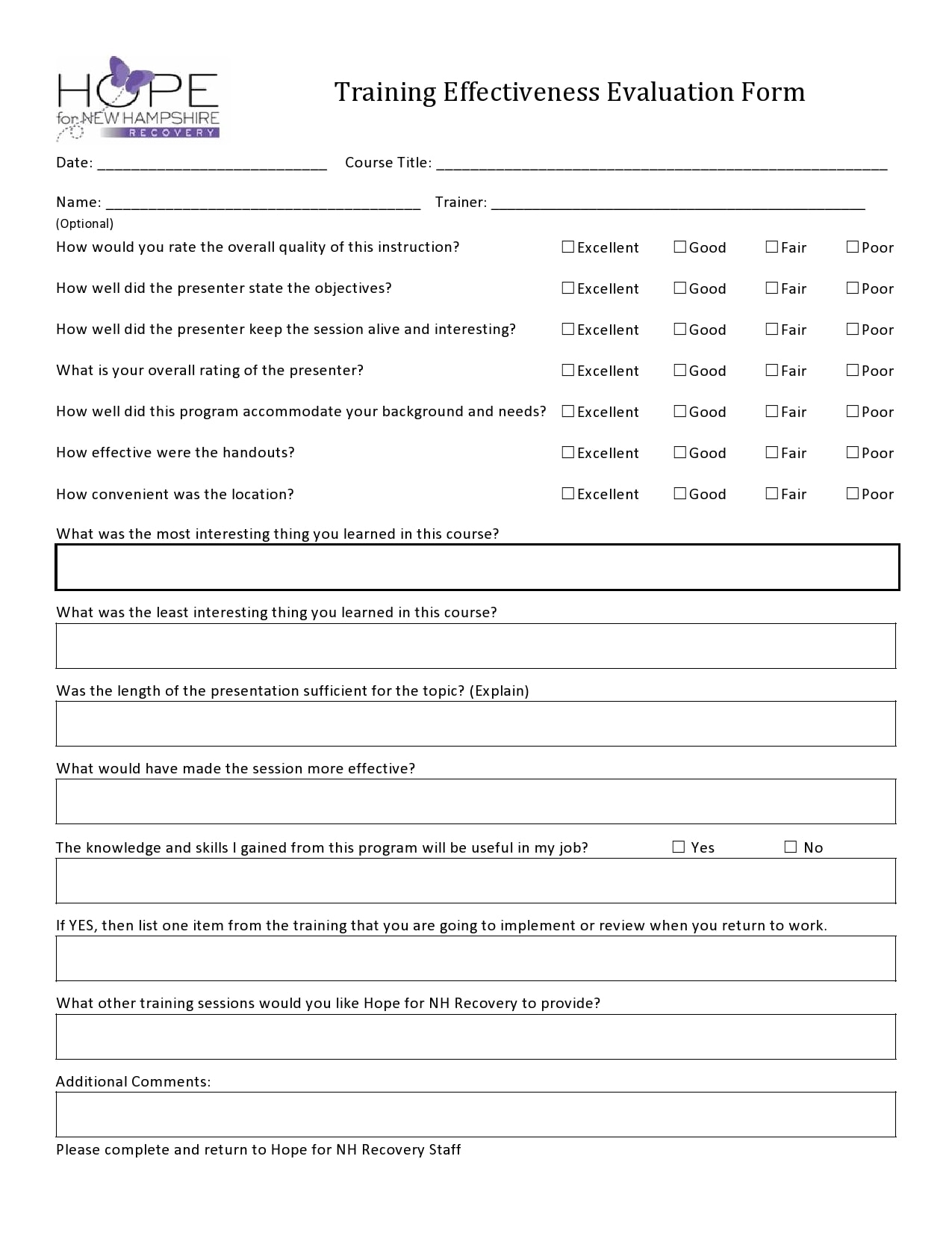 40 Free Training Evaluation Forms Feedback Survey Templates 