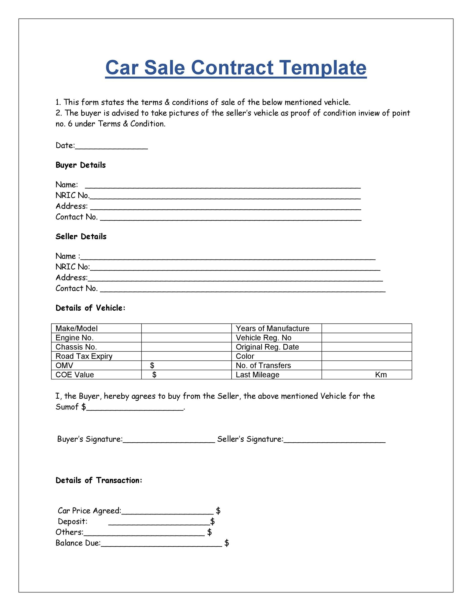 42 Printable Vehicle Purchase Agreement Templates Word PDF 