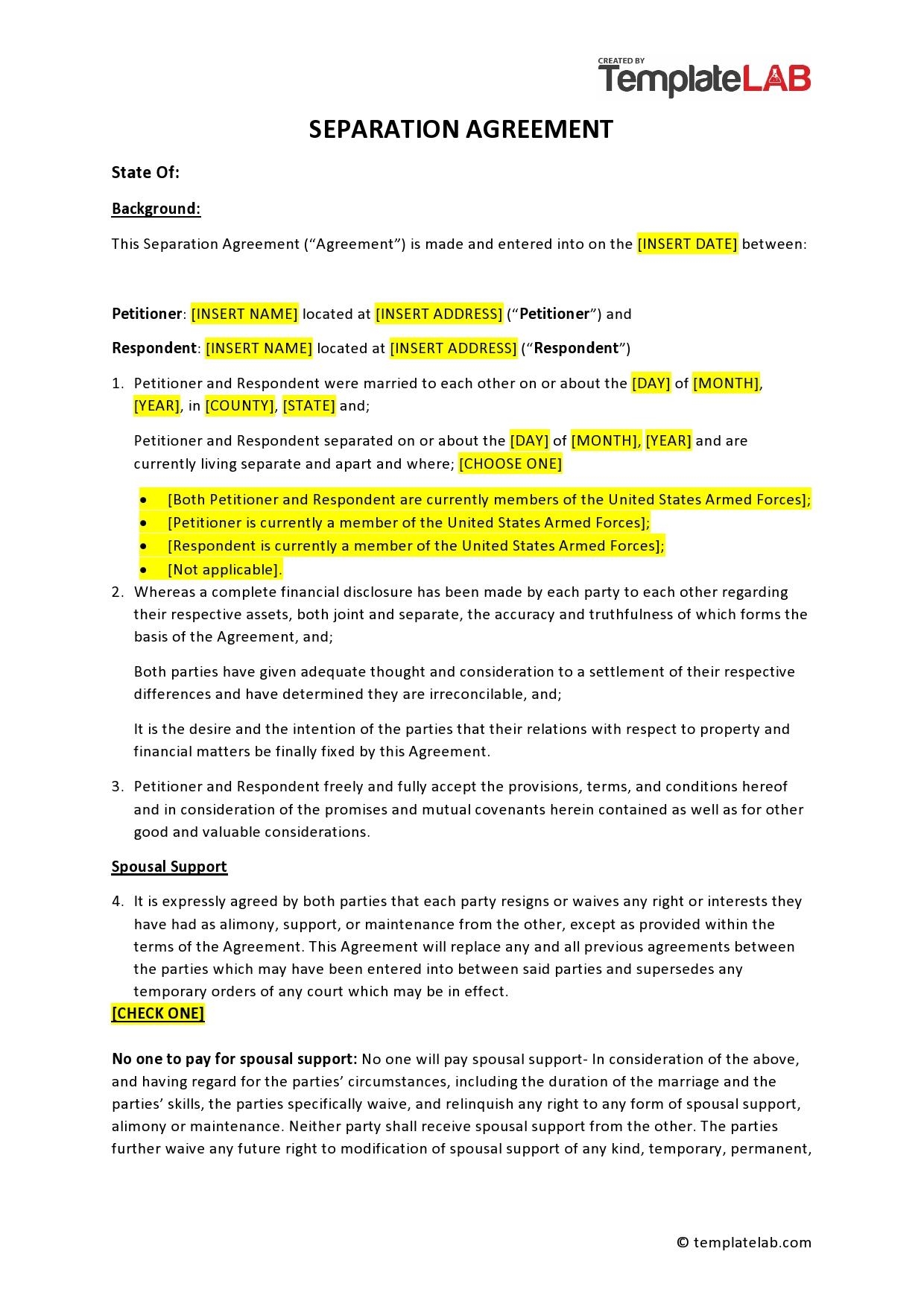 43 Best Separation Agreement Templates Separation Papers 