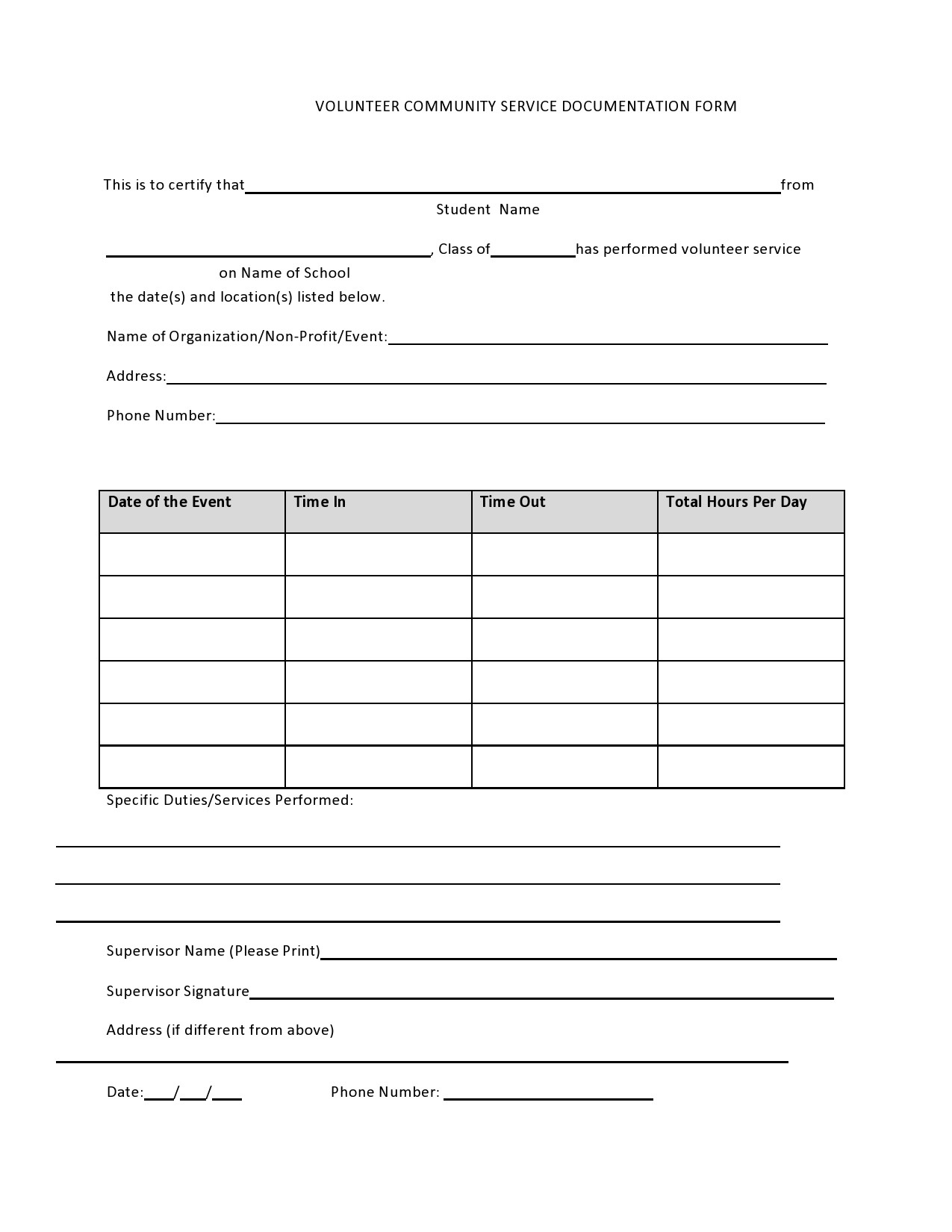 44 Printable Community Service Forms MS Word TemplateLab