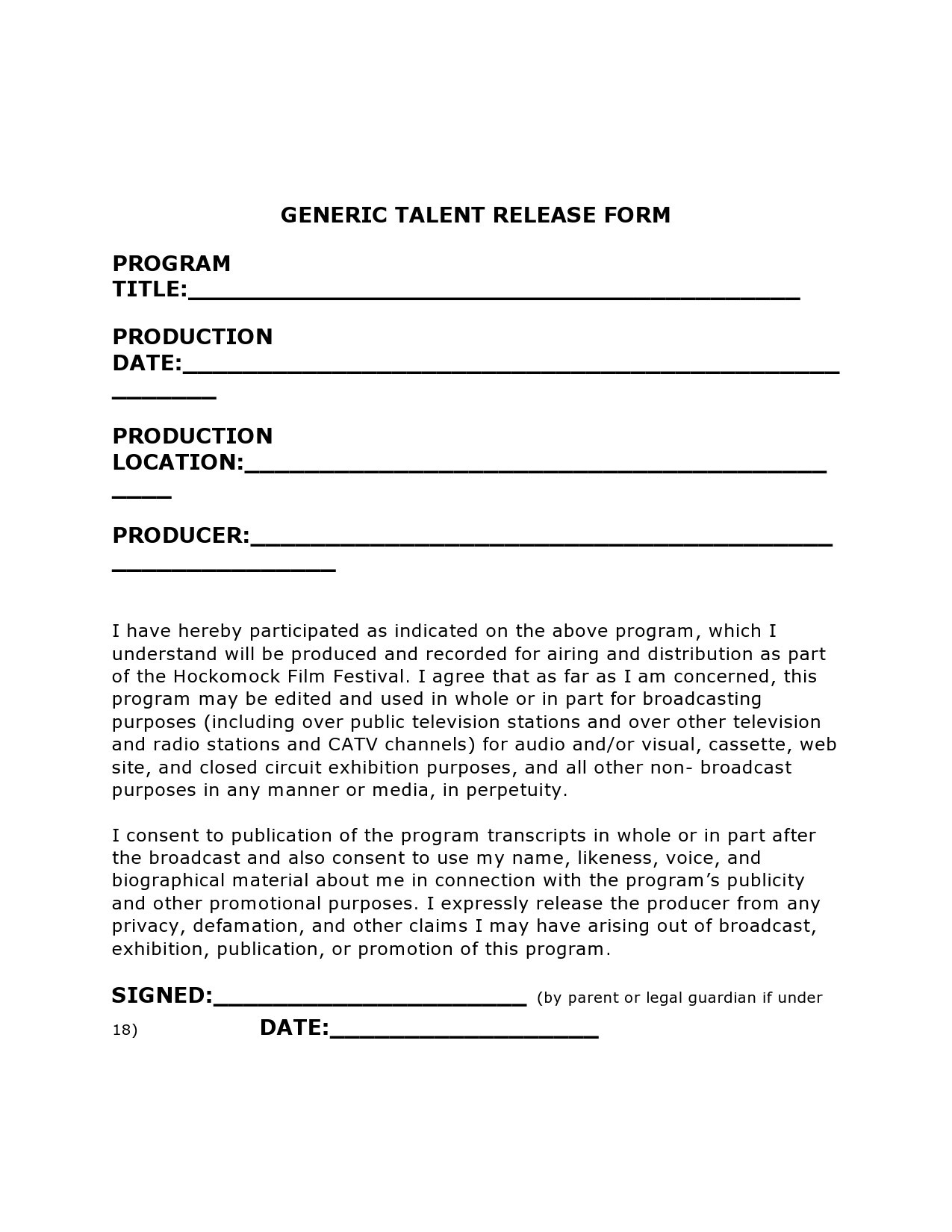 48 Talent Release Form Templates Photo Video TemplateLab