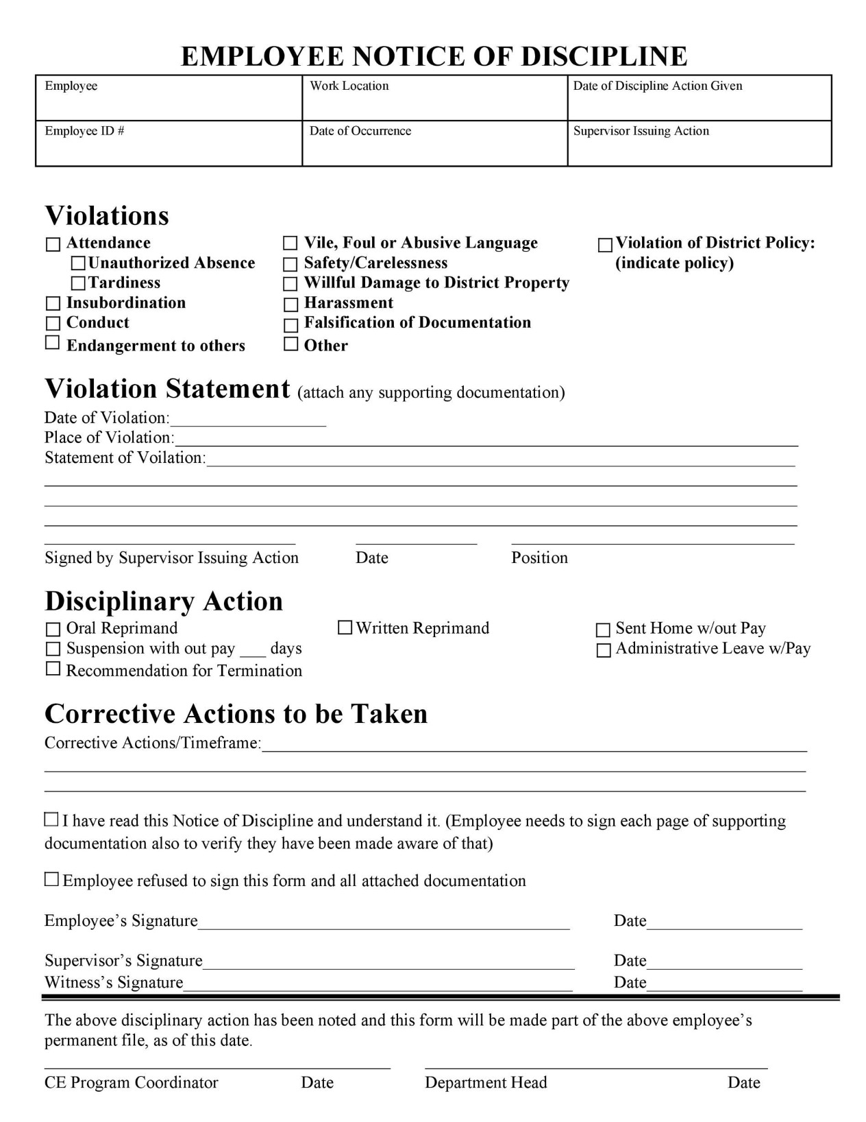 5 Recommended Templates Of Disciplinary Action Form Business Improvement And Productivity Guide