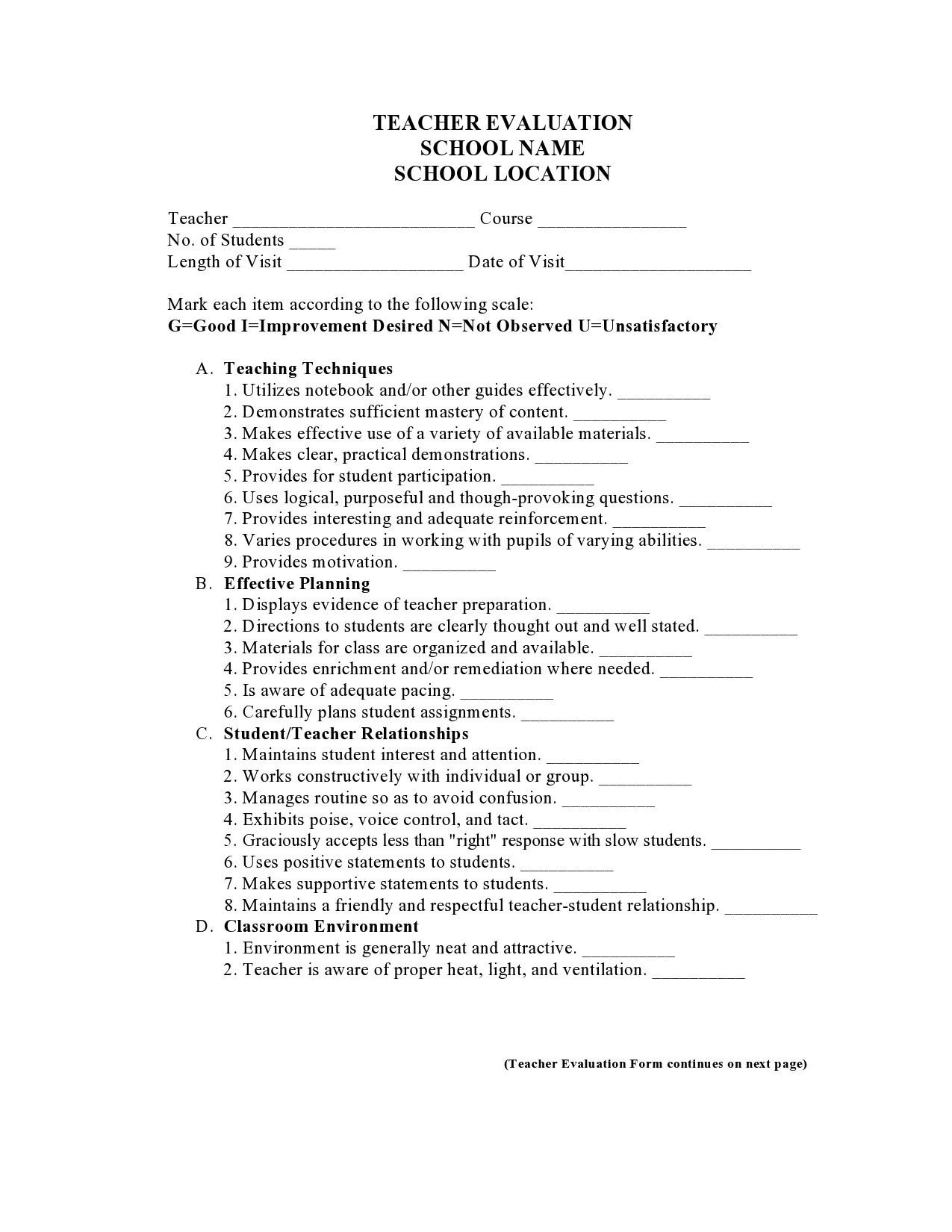50 Printable Teacher Evaluation Forms Free TemplateLab