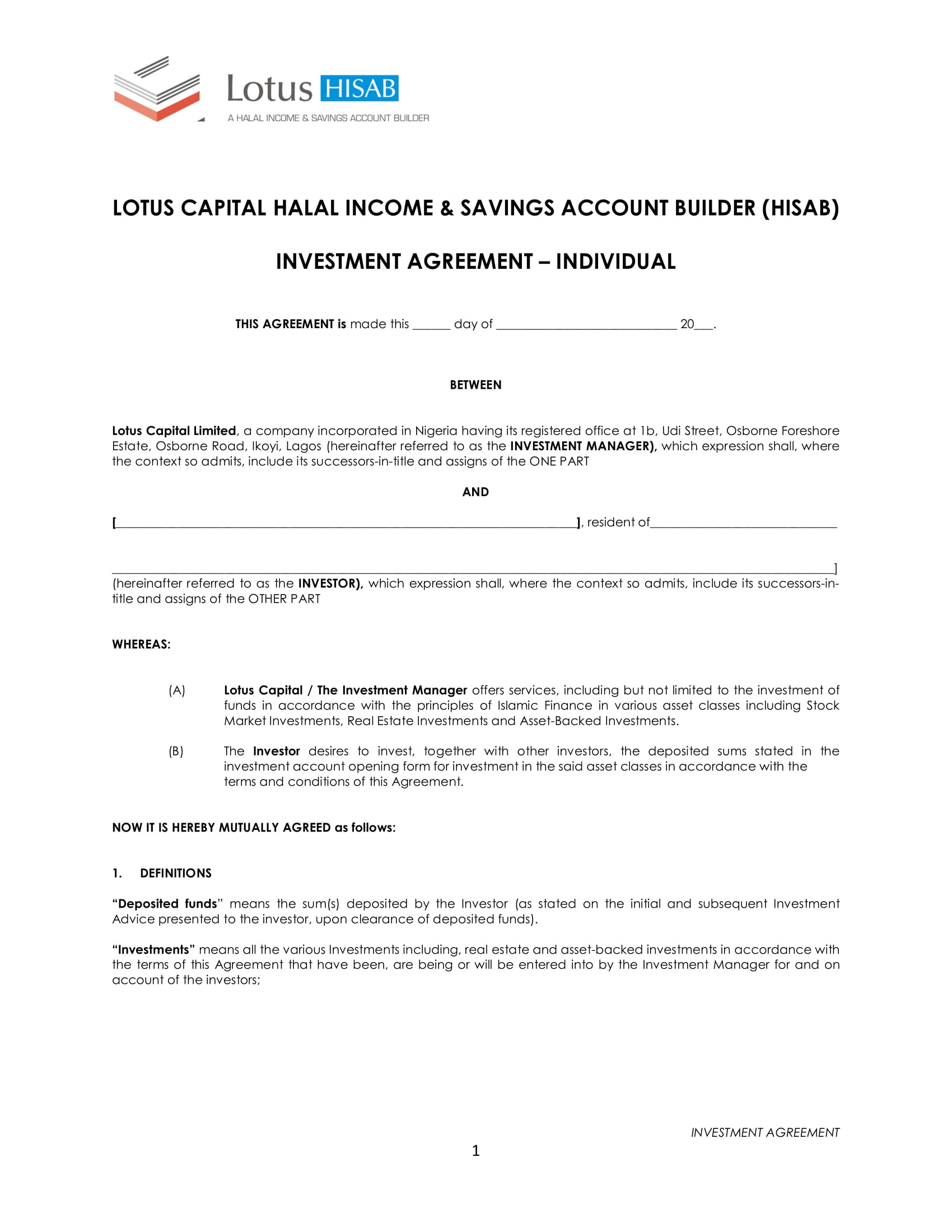 investment agreement form