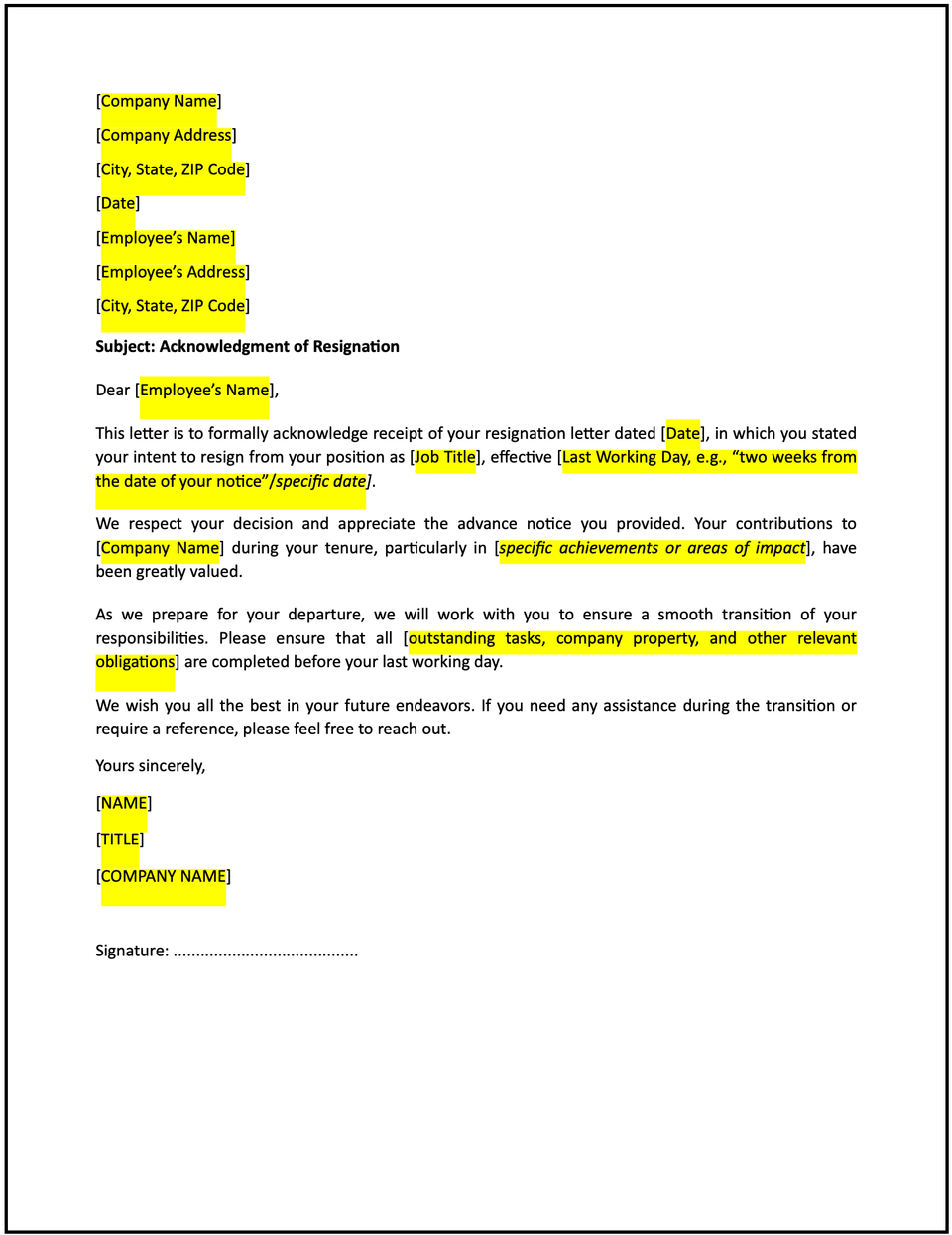 Acknowledgement Of Resignation Letter Free Template