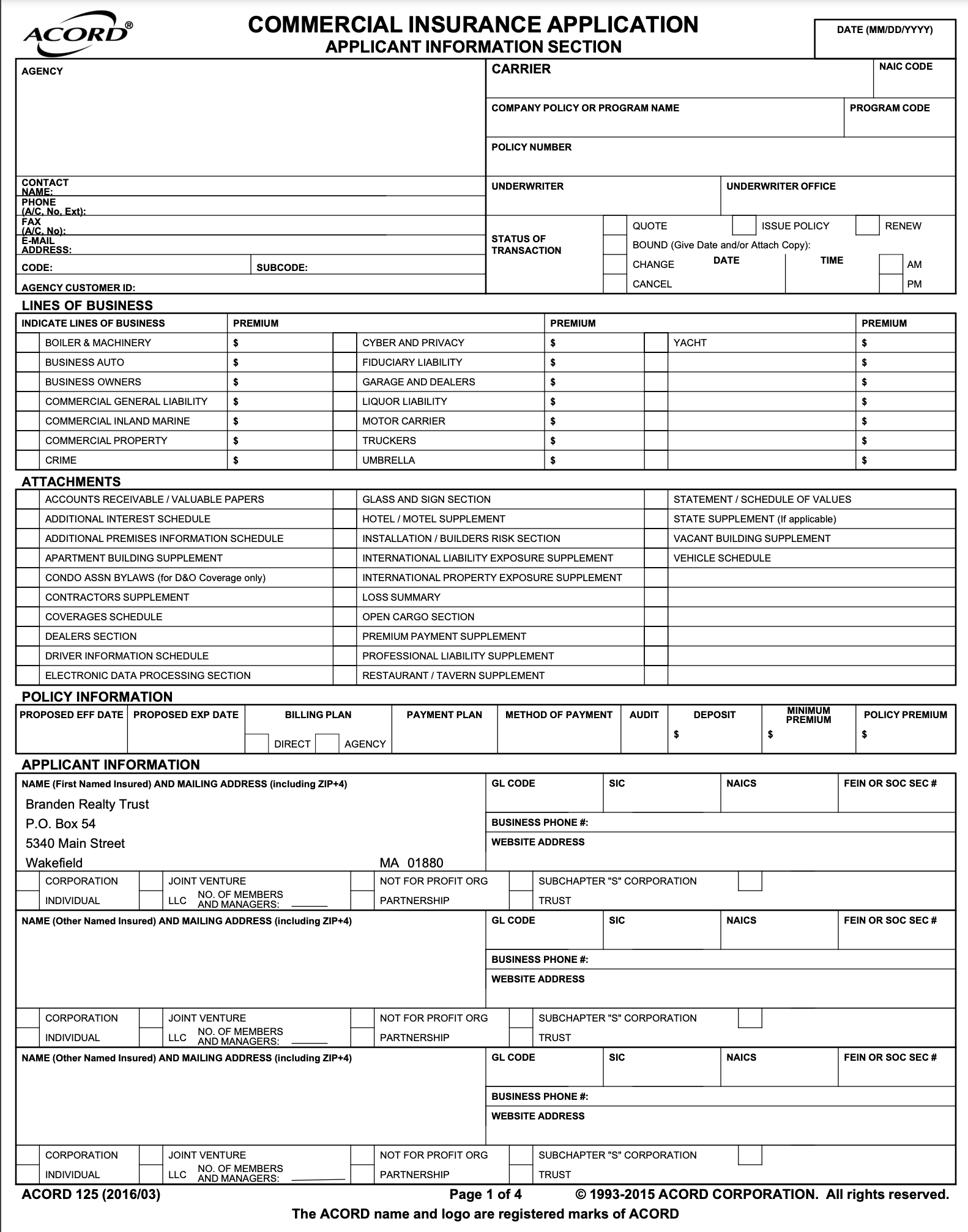 ACORD Form 125 ACORD Form 125