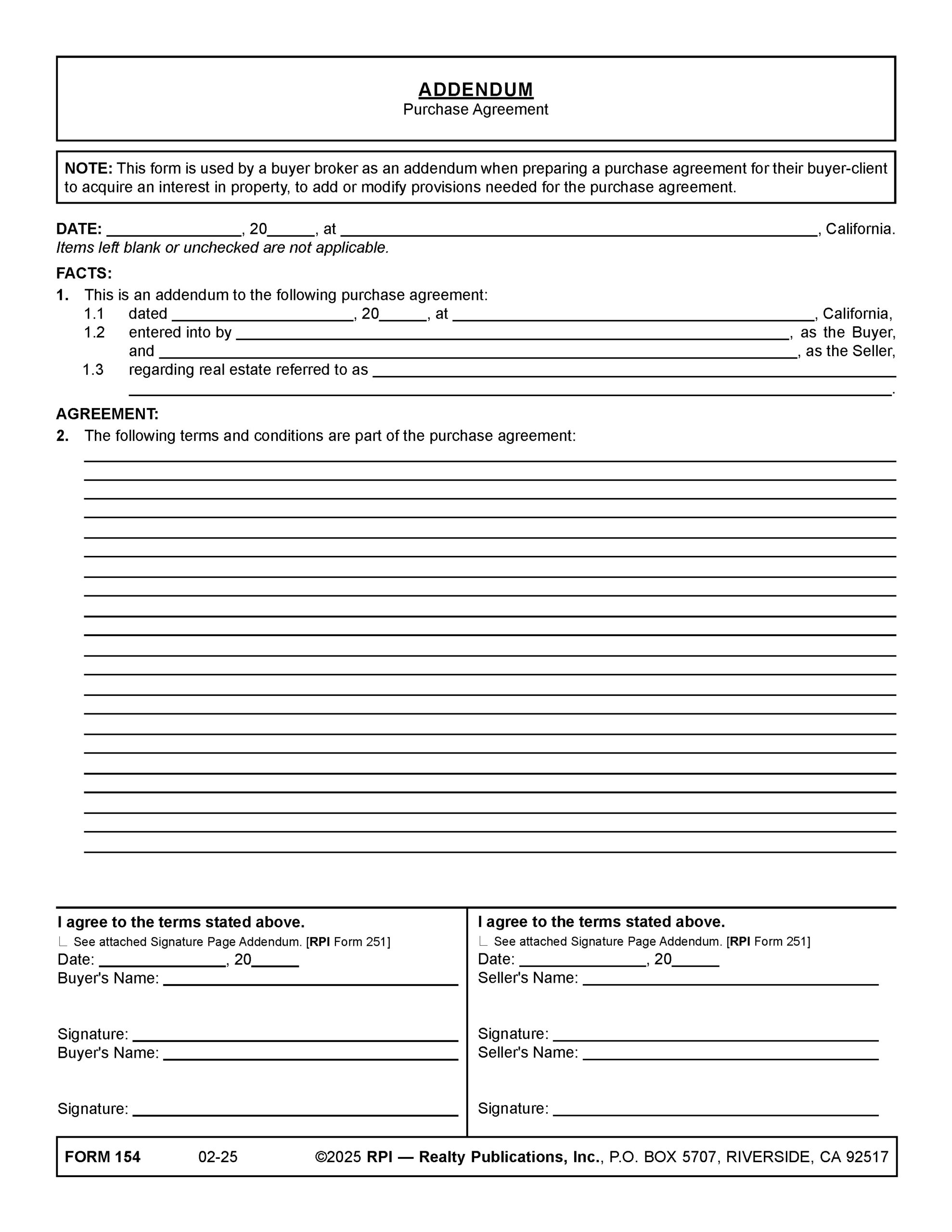 Addendum Purchase Agreement RPI Form 154 Firsttuesday Journal Addendum Purchase Agreement RPI Form 154 Firsttuesday Journal