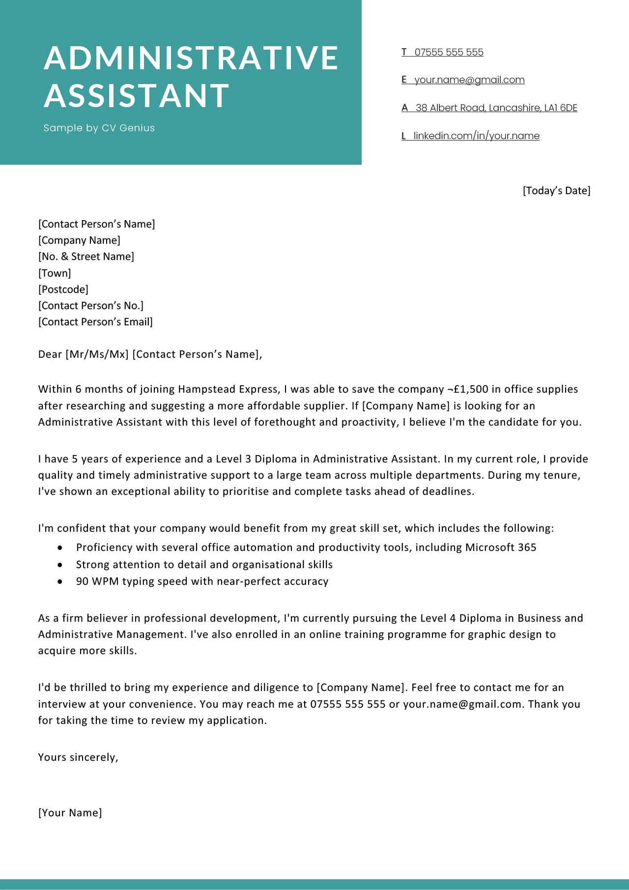 Administrative Assistant Cover Letter Example Tips Administrative Assistant Cover Letter Example Tips