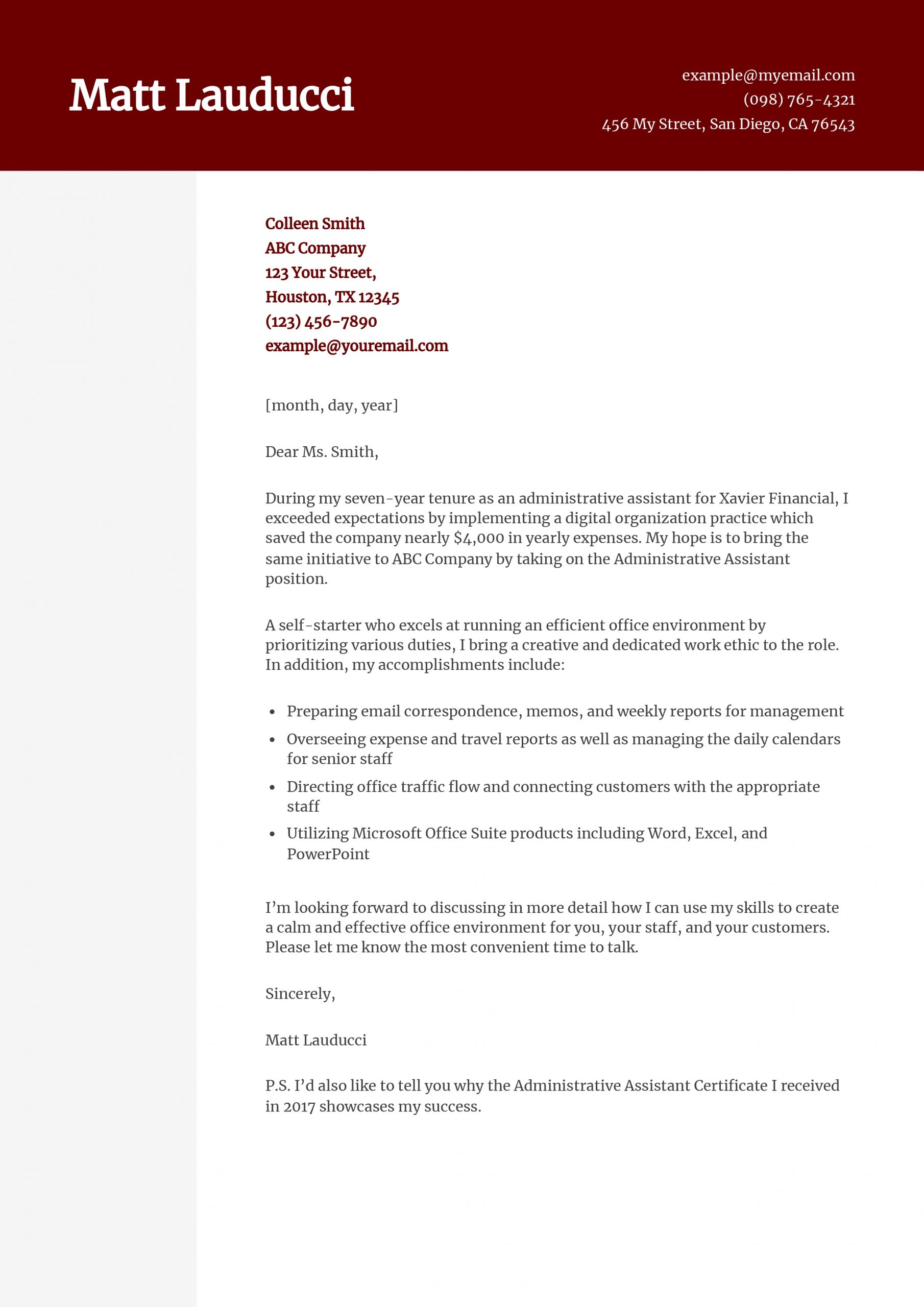 Administrative Assistant Cover Letter Examples And Templates For 2025 ResumeBuilder Administrative Assistant Cover Letter Examples And Templates For 2025 ResumeBuilder