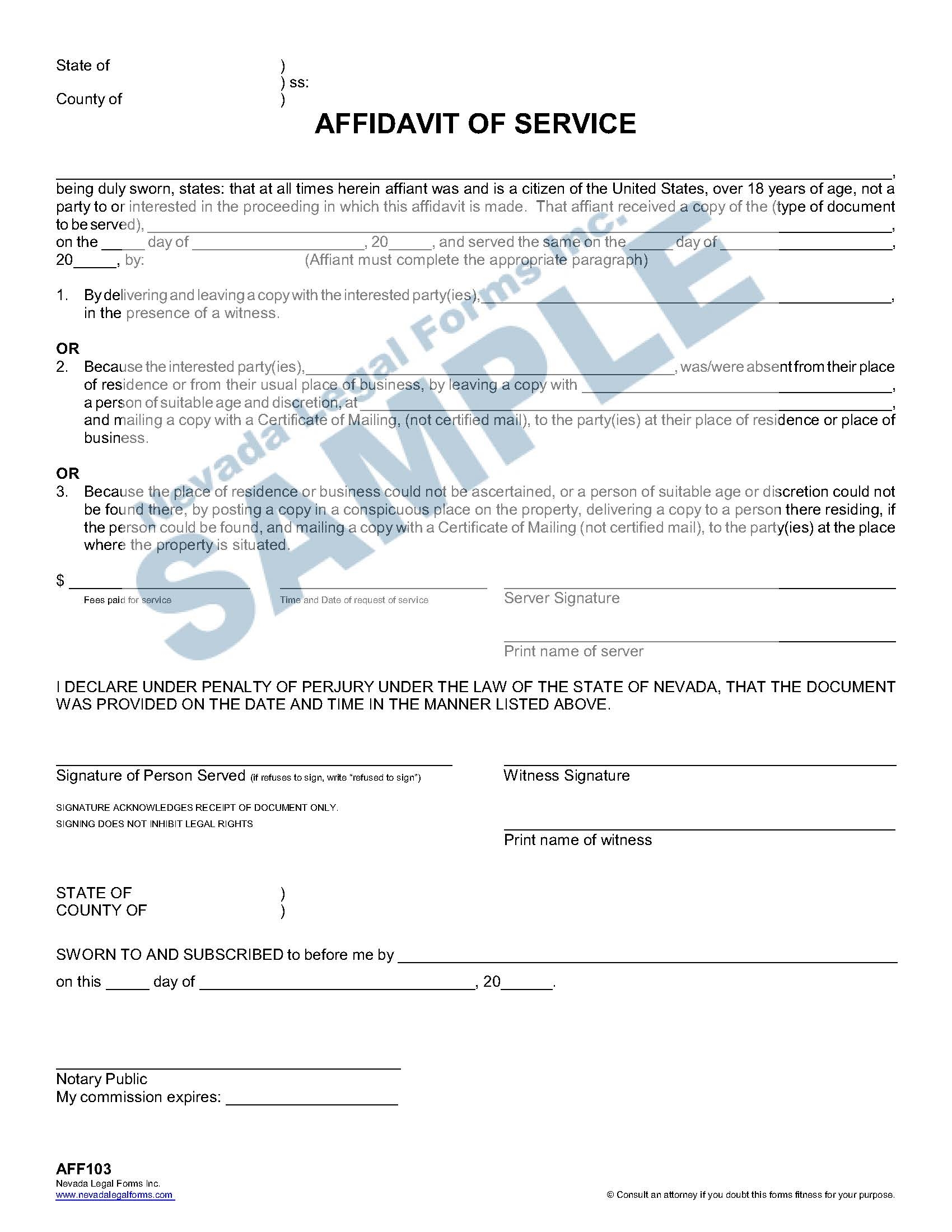 AFFIDAVIT OF SERVICE Nevada Legal Forms Services