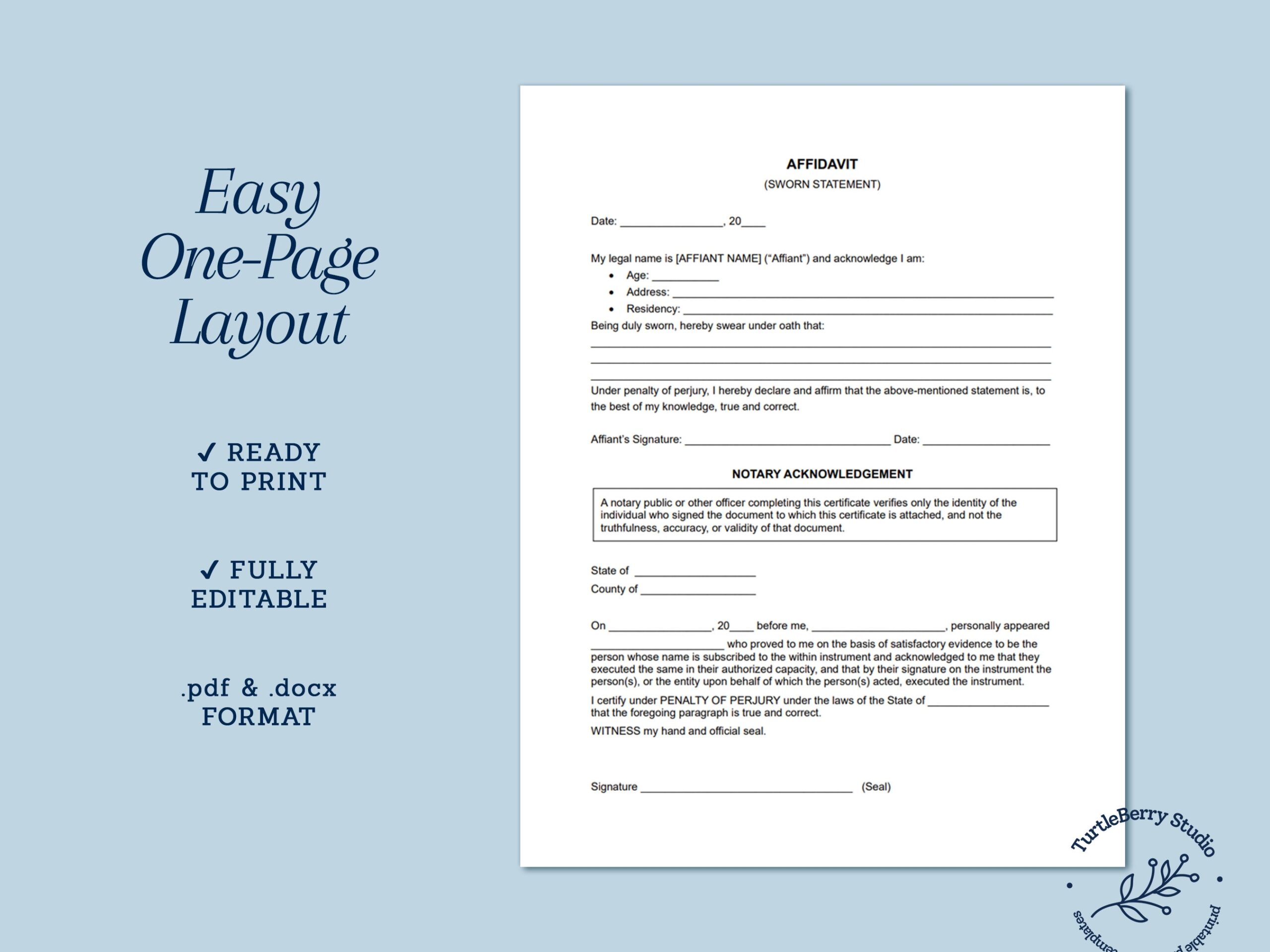 Affidavit Template Sworn Affidavit Etsy
