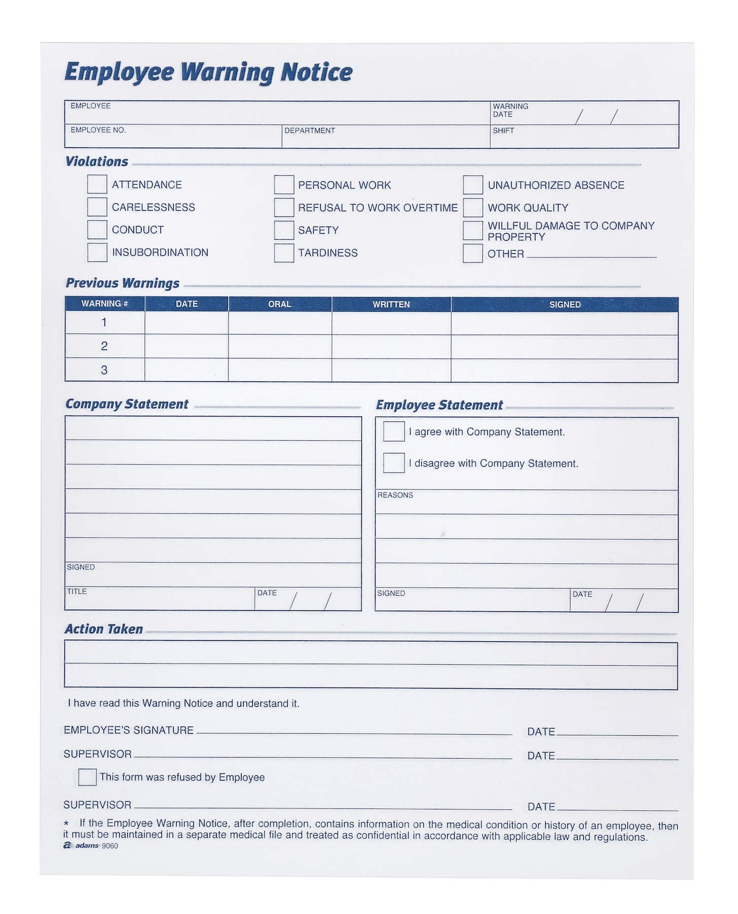 Amazon Adams Employee Warning Notice Form 8 5 X 11 Inches 2 Pads Of 50 Forms 100 Total Forms 1 Part Each 9060 White Personnel Forms Office Products