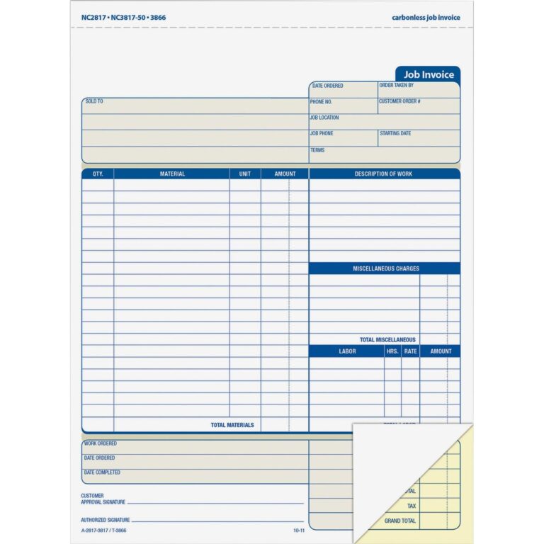 Amazon Adams Job Invoice Forms 2 Part Carbonless For Service And Repair Billing 100 Individual Sets Per Pack NC2817 White 8 1 2 X 11Inches Accounting Forms Office Products