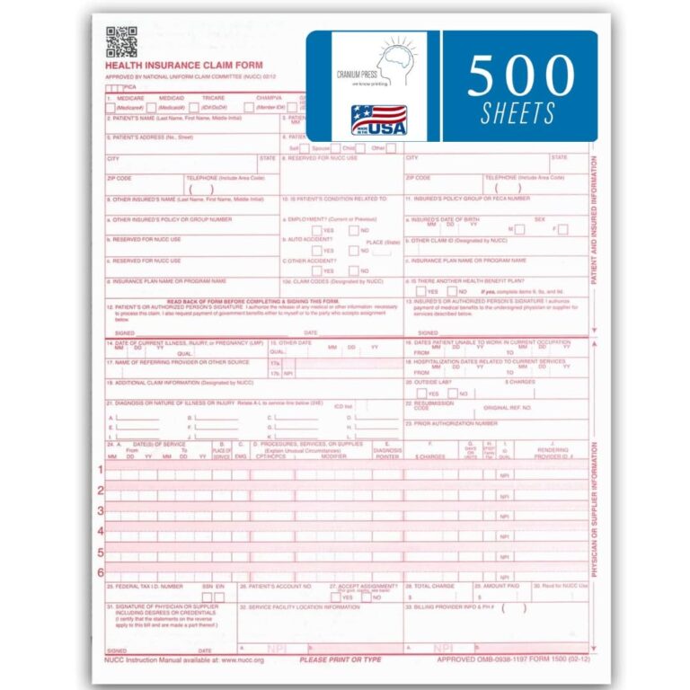 Amazon CMS 1500 Claim Forms 500 Sheets New Version HCFA 1500 02 2012 Revision Laser Inkjet Compatible Health Insurance Claim Forms For Accurate Medical Billing Office Products