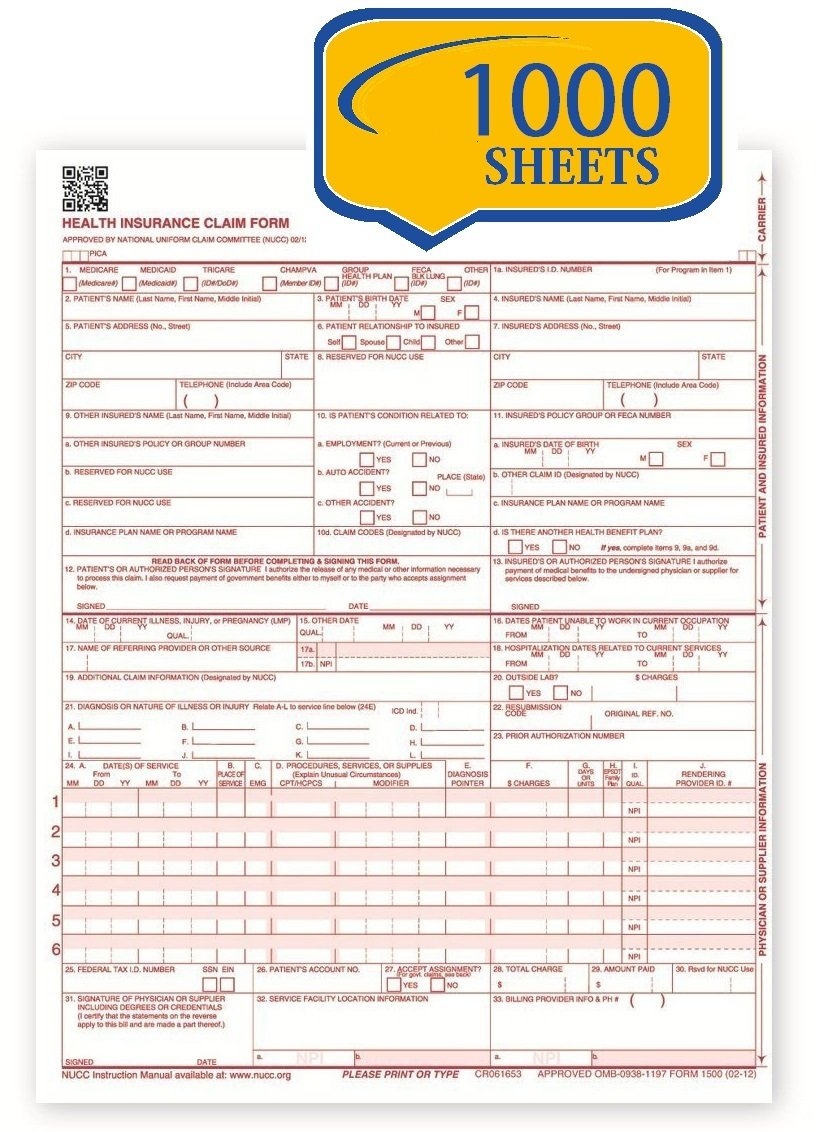 Amazon CMS 1500 Claim Forms Current HCFA 02 2012 Version Health Insurance Claim Forms For Medical Facilities And Hospitals Compatible W Laser And Inkjet Printers 8 5 X 11 1000 Sheets Business Claim Forms Office Products