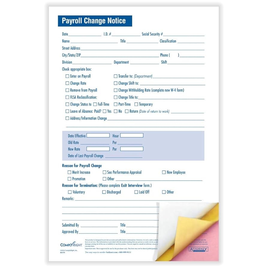 Amazon ComplyRight Payroll Change Notice 3 Part Small 5 1 2 X 8 1 2 HR Employee Management 50 Pack Office Products