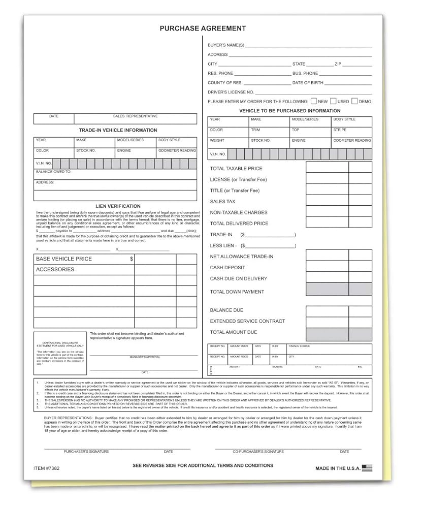 Amazon Vehicle Purchase Agreement Forms 2 Part 100 Per Pack Auto Dealer Dealership Car Bill Of Sale Purchase Agreement Office Products
