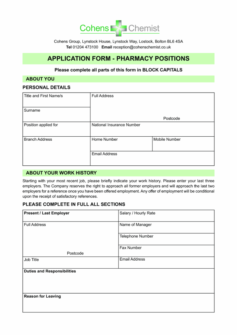 Application Form Pharmacy Positions Templates At Allbusinesstemplates