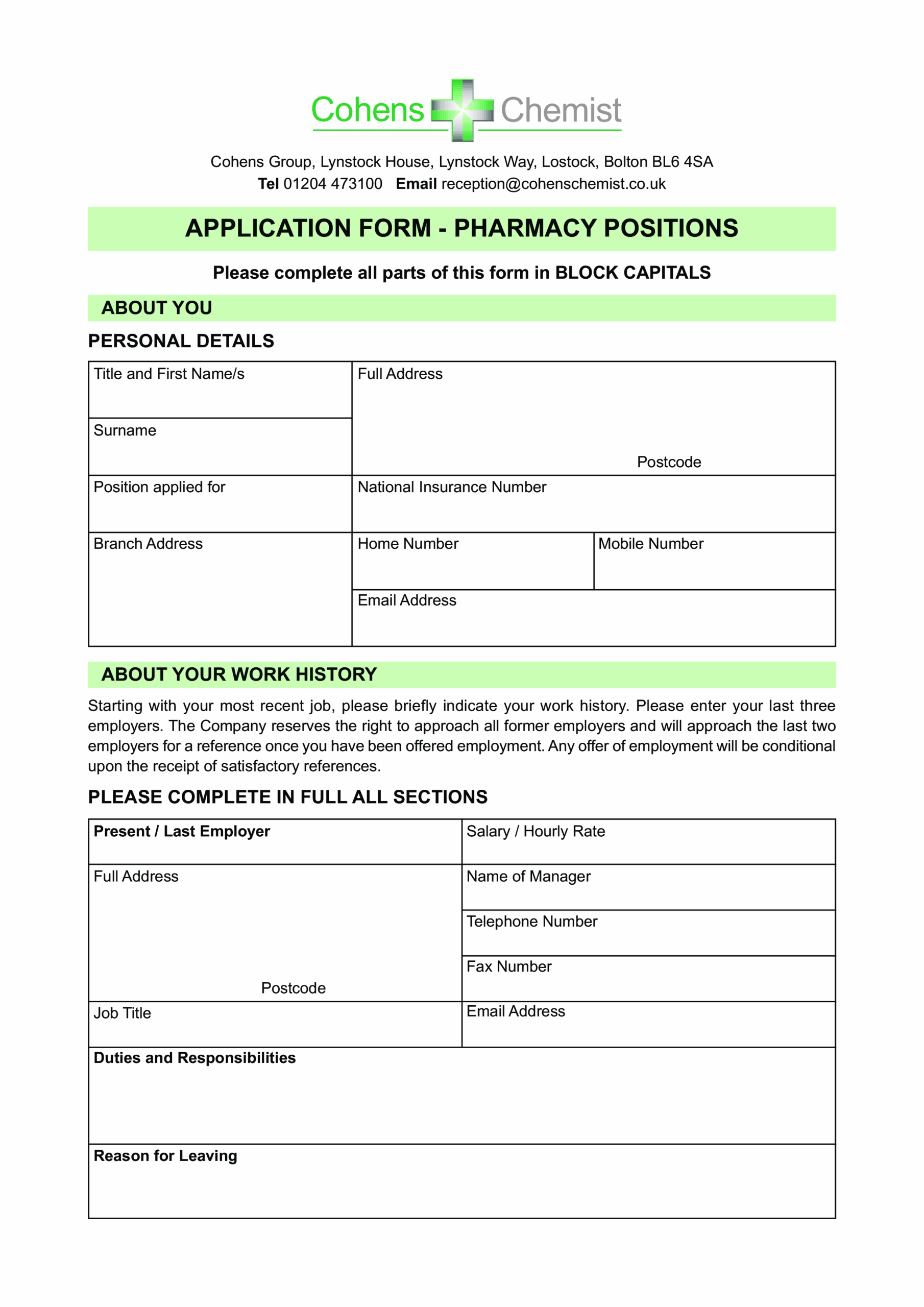 Application Form Pharmacy Positions Templates At Allbusinesstemplates