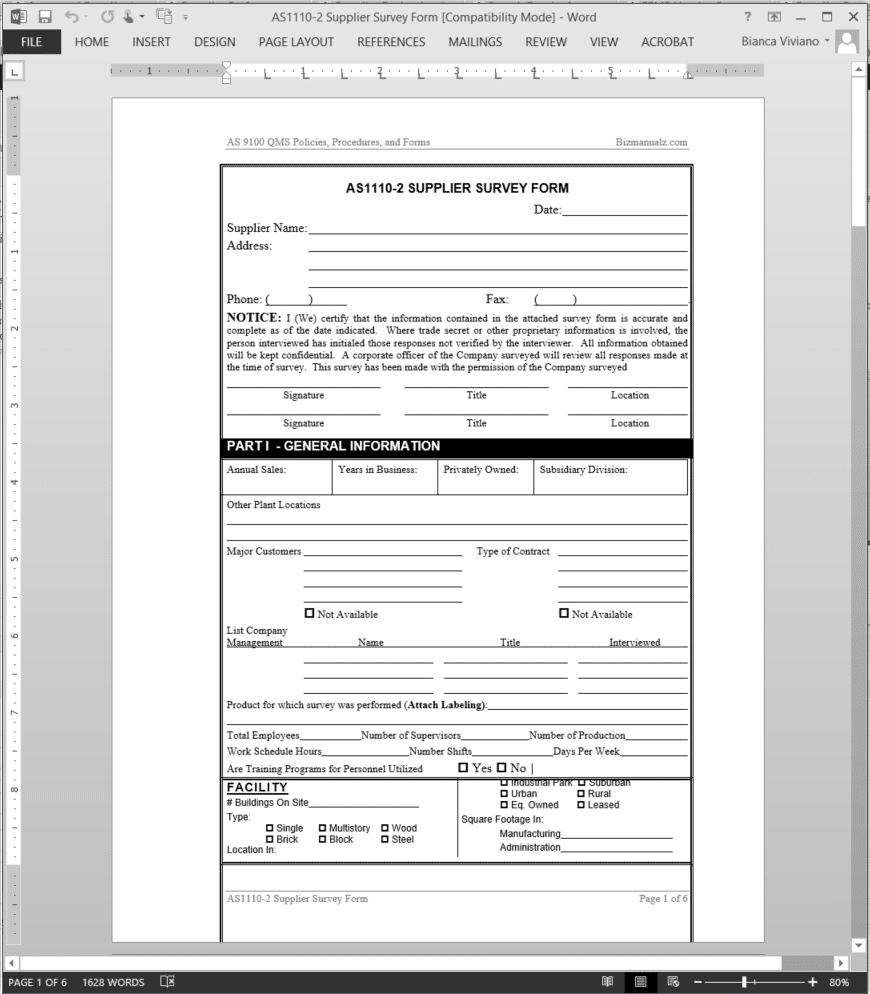 AS9100 Supplier Survey Form Template Word