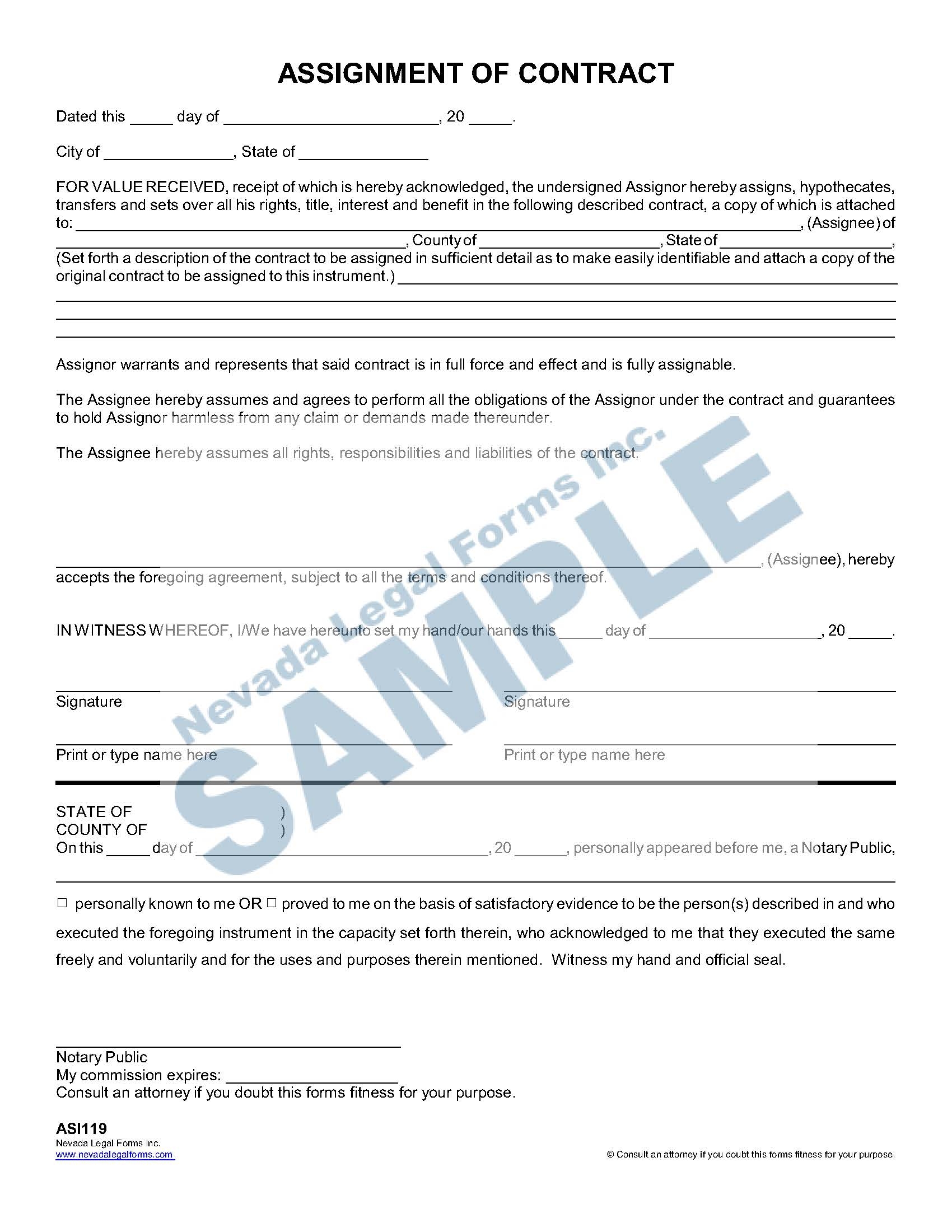 ASSIGNMENT OF CONTRACT Nevada Legal Forms Services ASSIGNMENT OF CONTRACT Nevada Legal Forms Services