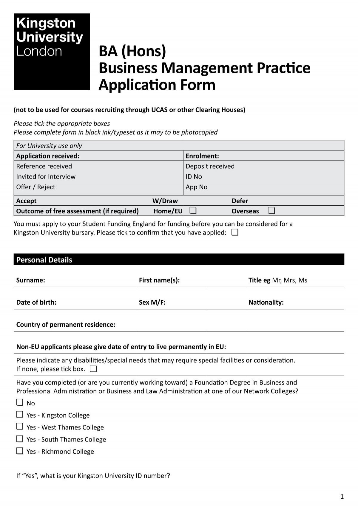 BA Hons Business Management Practice Application Form