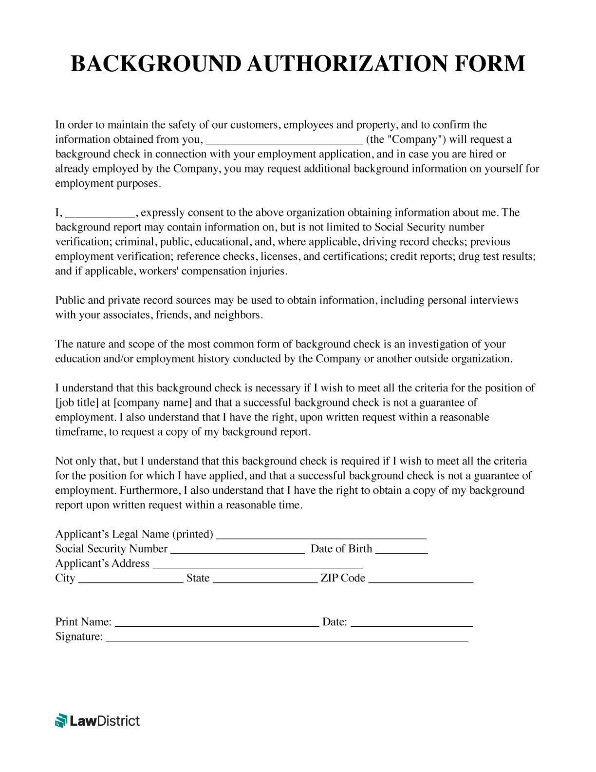Background Check Consent Form LawDistrict