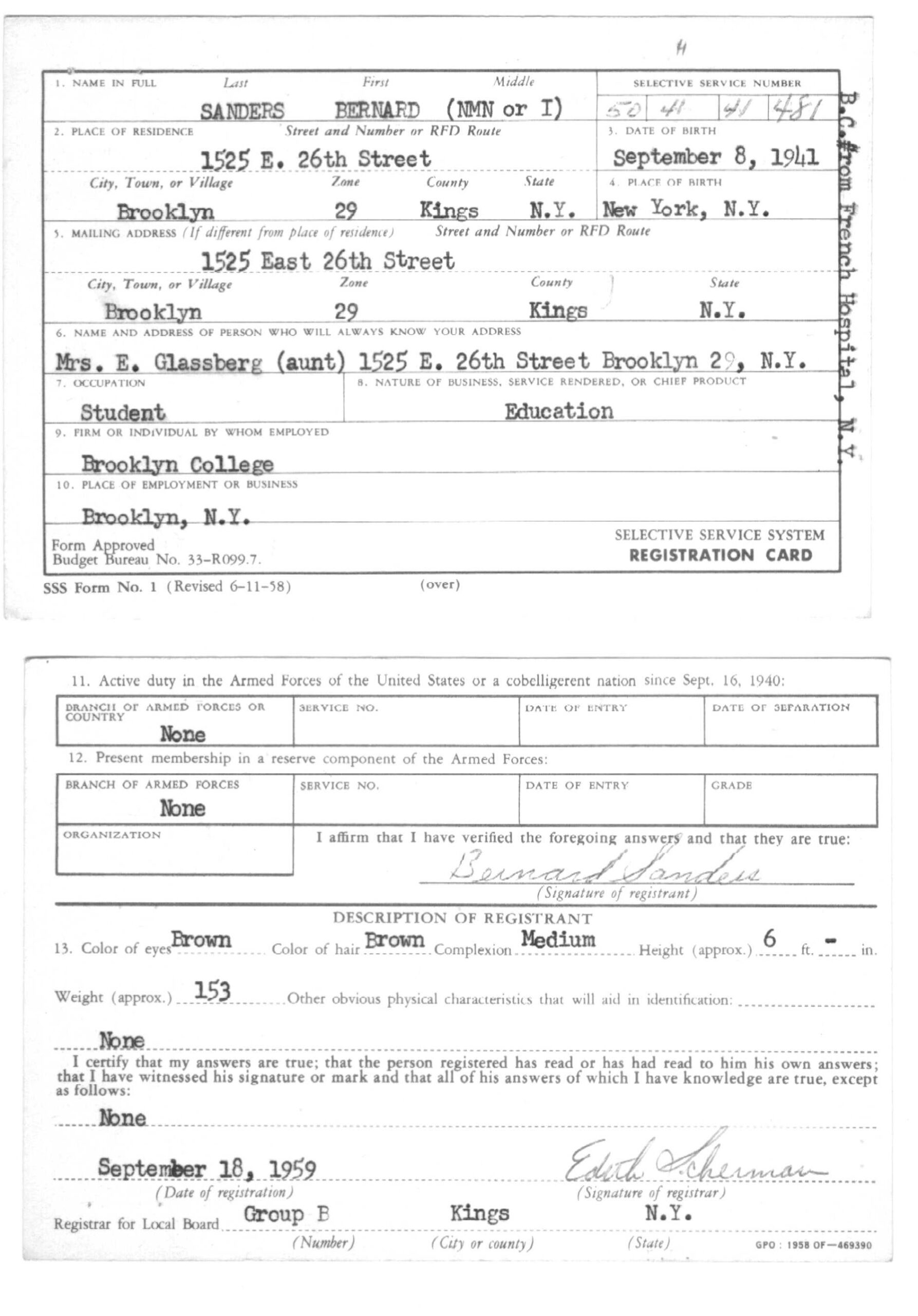Bernard Sanders Selective Service Draft Card And Selective Service Classification Ledger National Archives