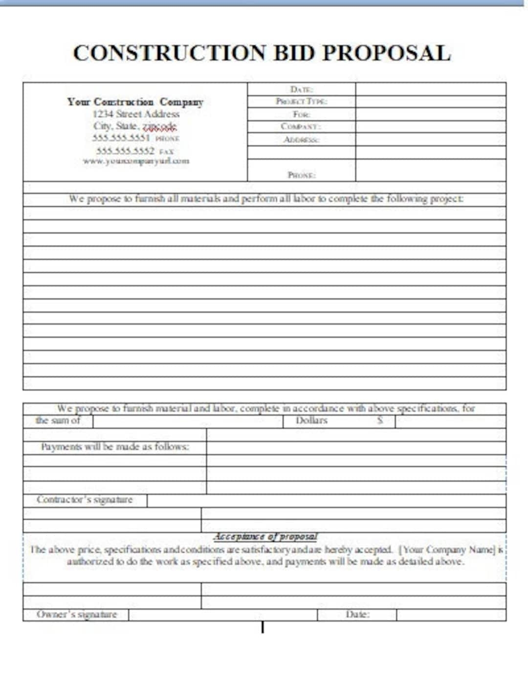 Bid Contruction Proposal Templates PRINTABLE FORM 8 5 By 11 Letter Document Etsy