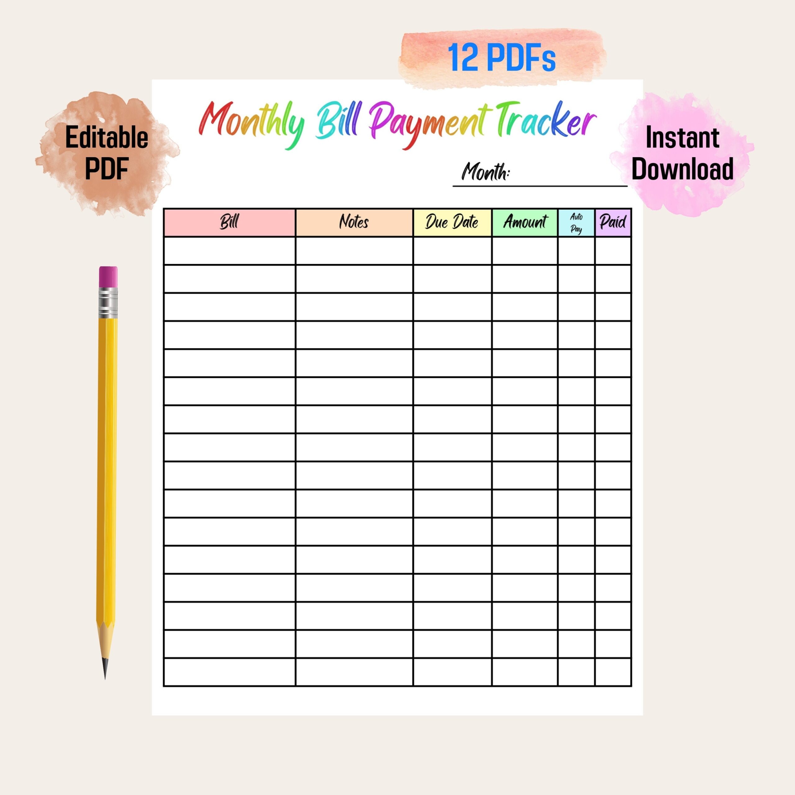 Bill Payment Tracker Rainbow Color Printable Editable Monthly Bill Tracker Budget Planner Bill Payment Log Bill Tracker Spreadsheet Etsy