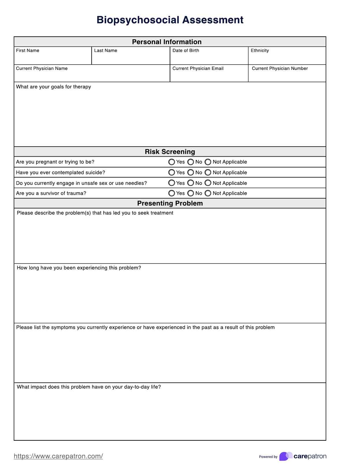 Biopsychosocial Assessment Template Example Free PDF Download