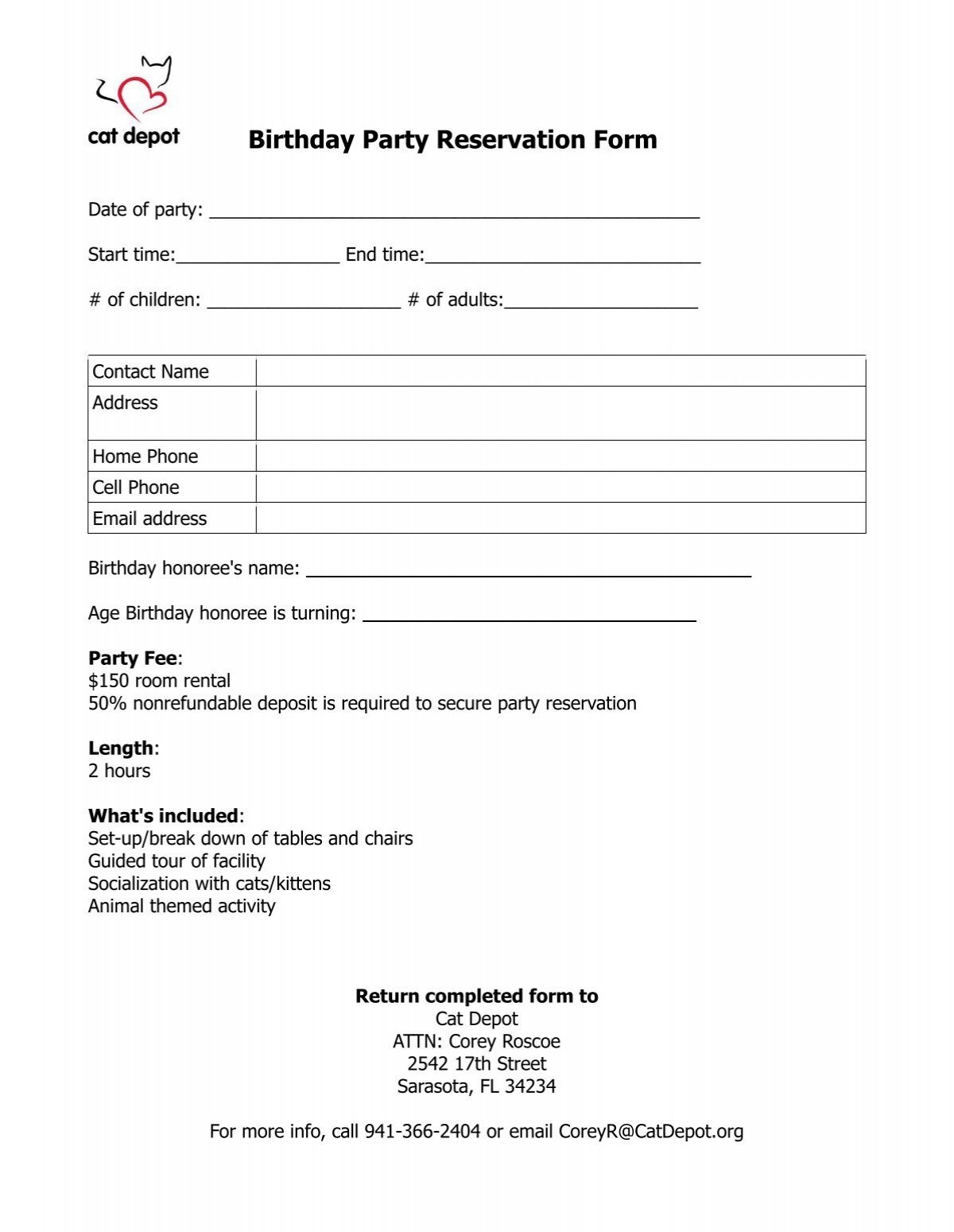 Birthday Party Reservation Form